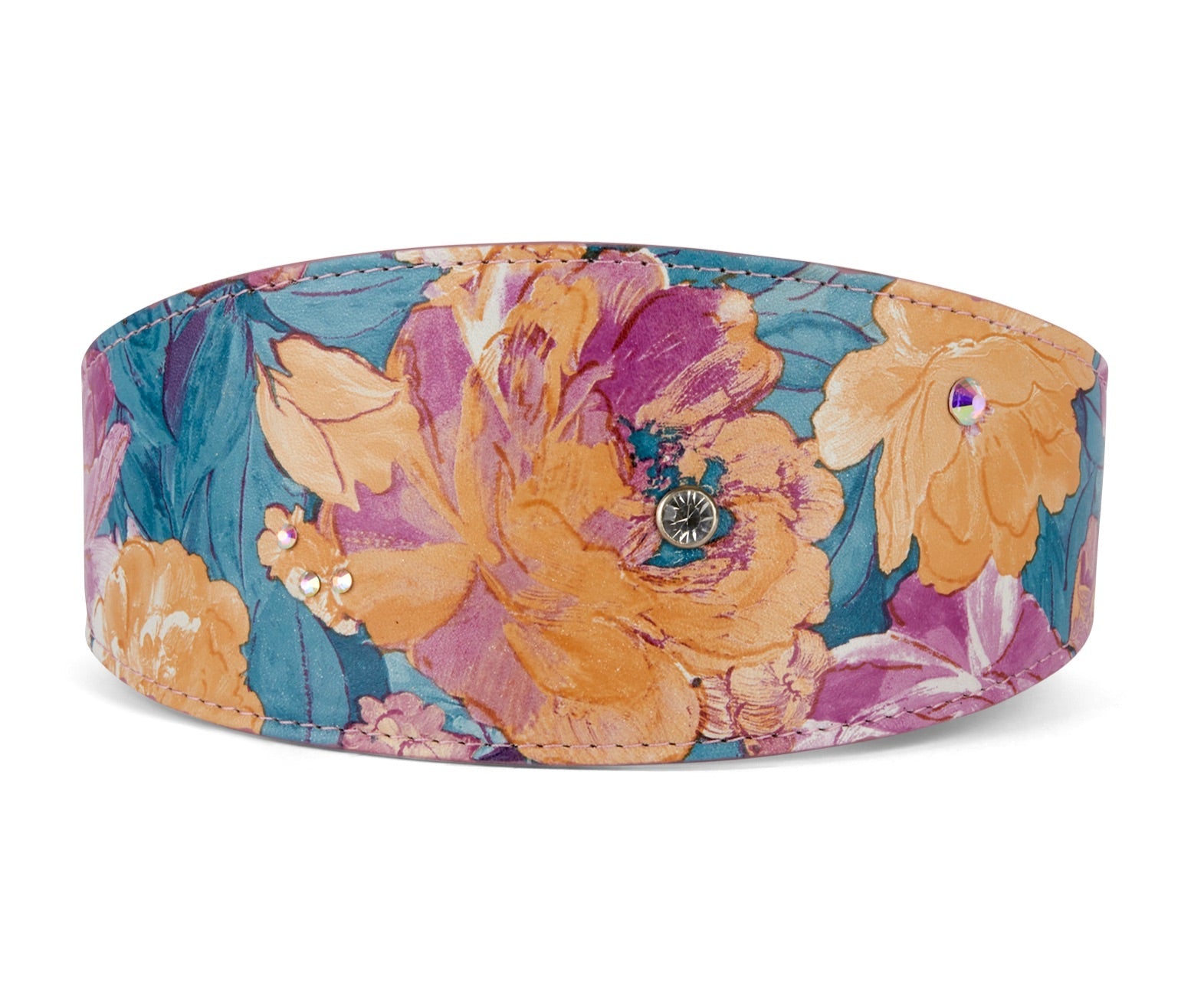 Floral Print Italian Leather 3" Wide Style Collar featuring a colorful spring floral pattern