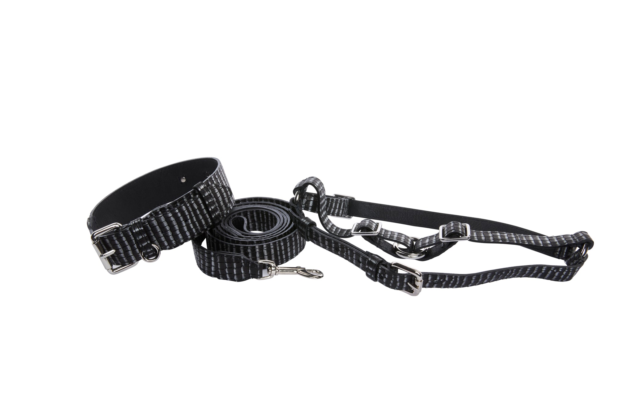 Black & Silver Striped Italian Leather Classic Collar