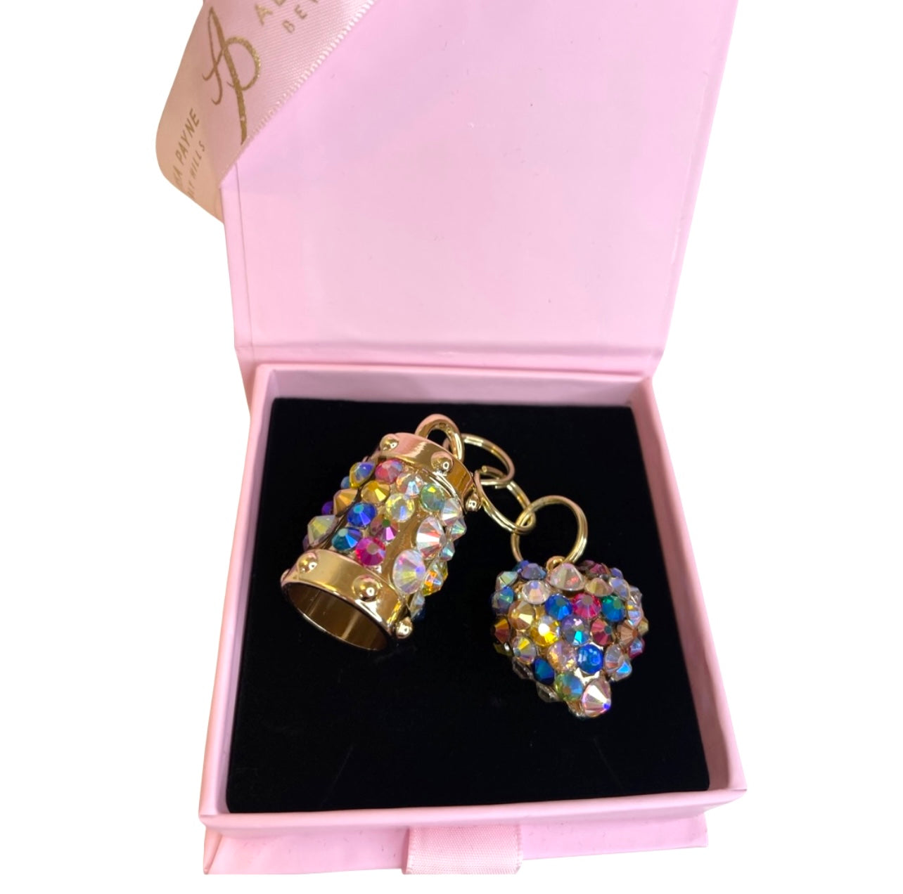 Set of two rainbow color Swarovski crystal charms in heart and cylinder shapes