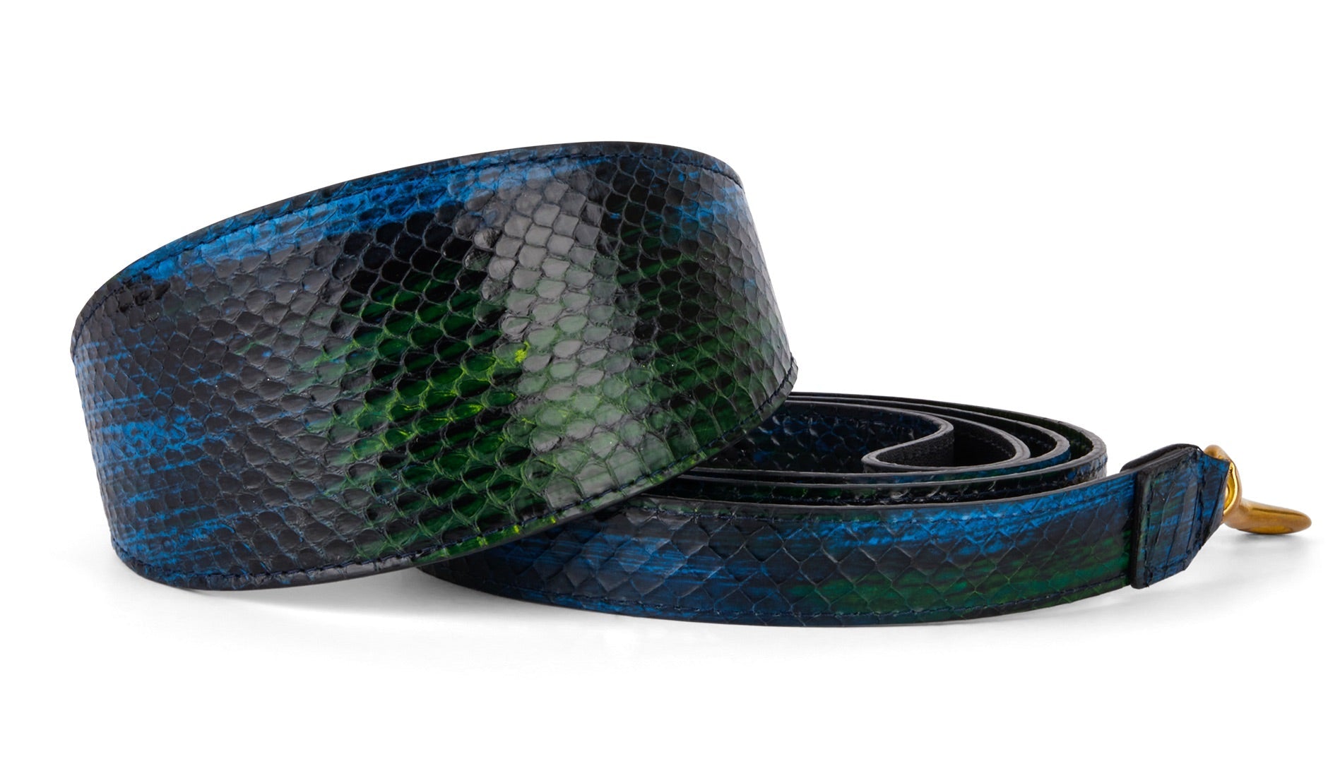 Blue, green, black, yellow snake pattern wide 3 inch collar with gold hardware on dark surface.