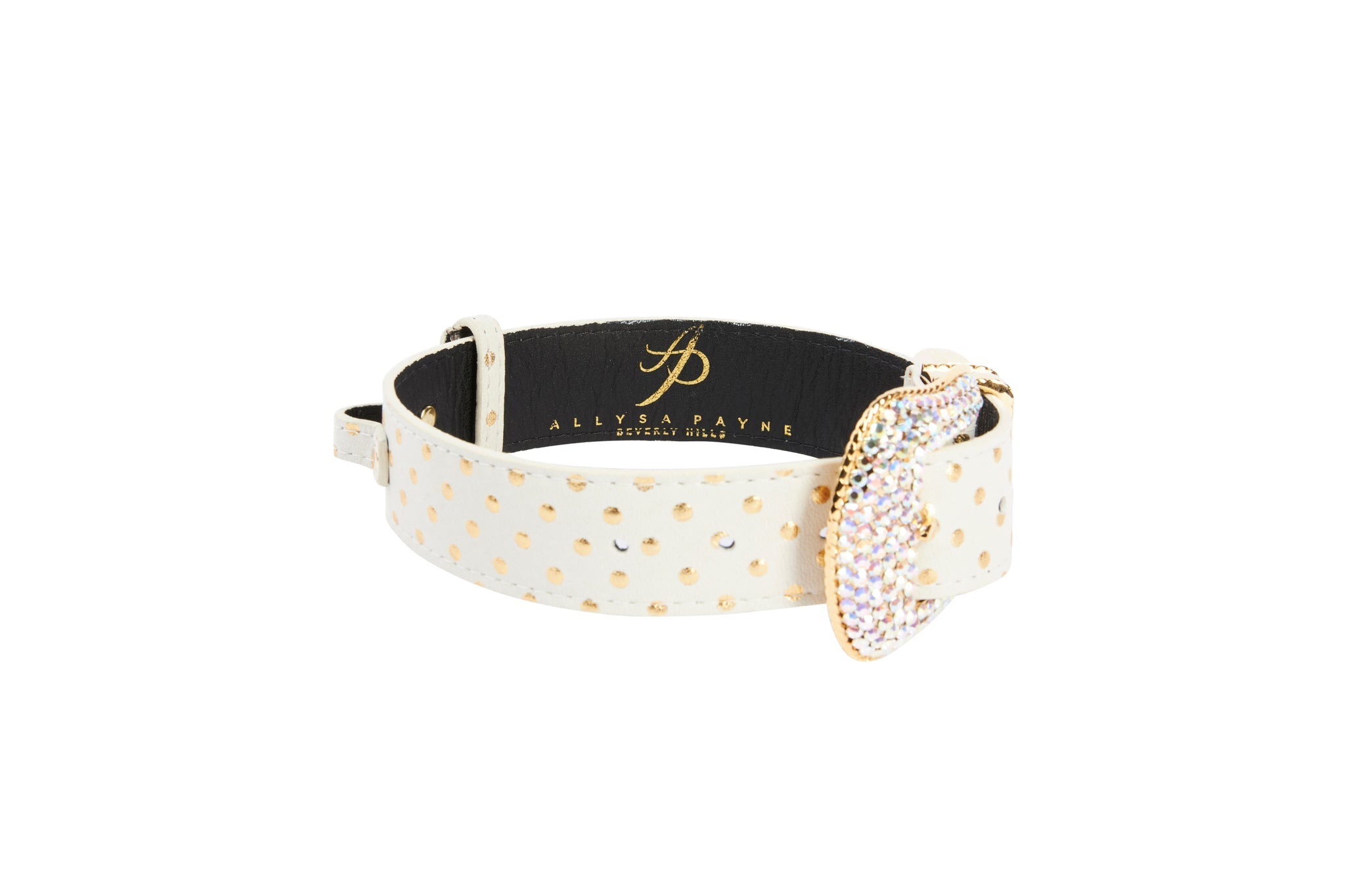 XL White and Gold Polka Dot Italian Leather/Swarovski Crystal Hardware