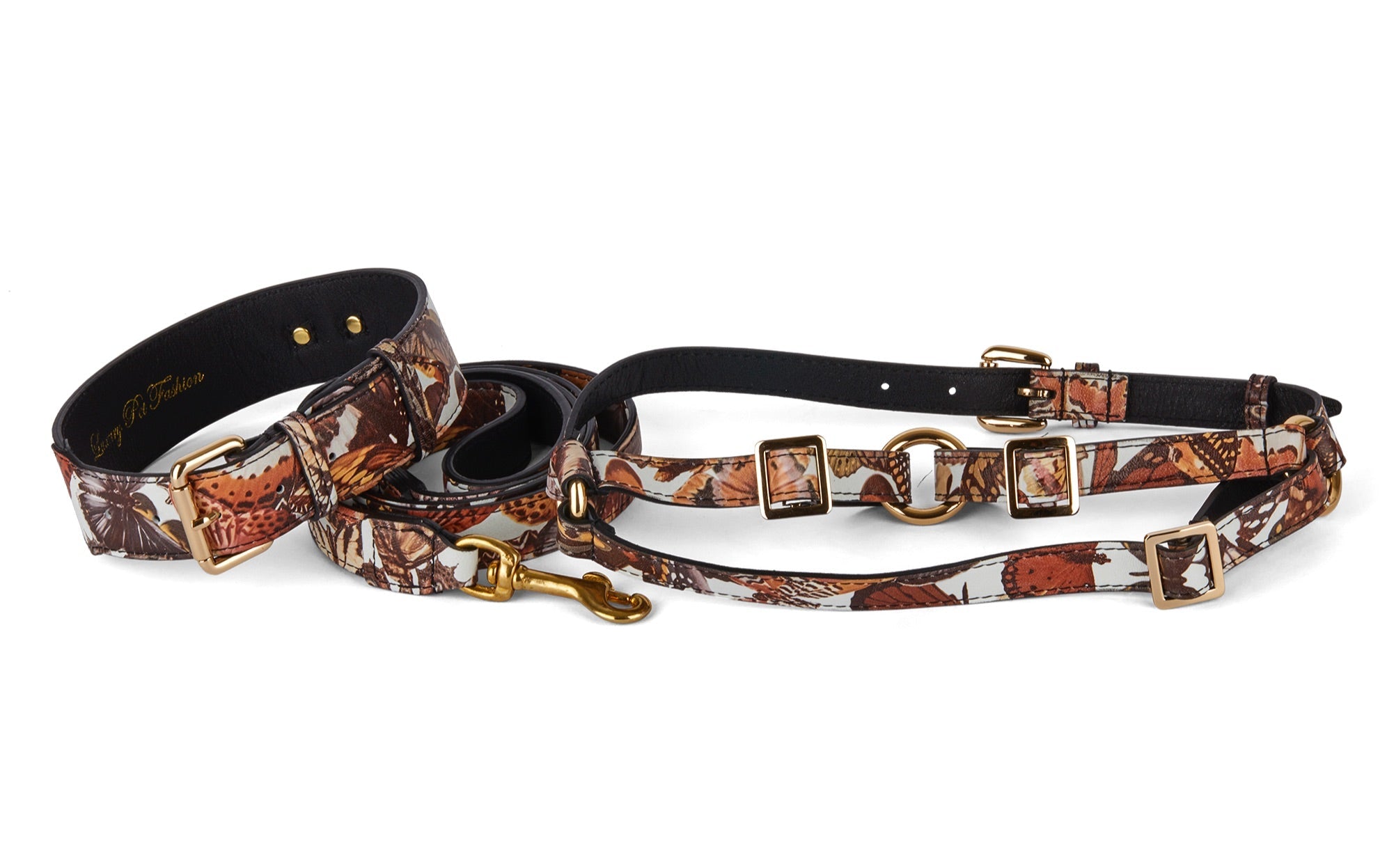 Butterfly print Italian leather classic collar, leash and harness set displayed with butterfly pattern visible