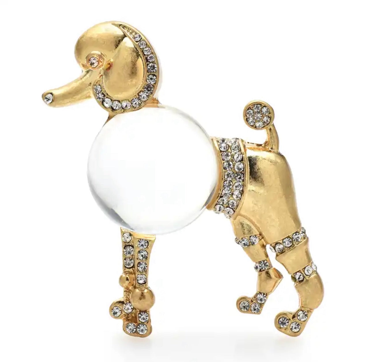 Gold Clear Body Poodle Crystal Brooch showing a crystal poodle accented with gold details