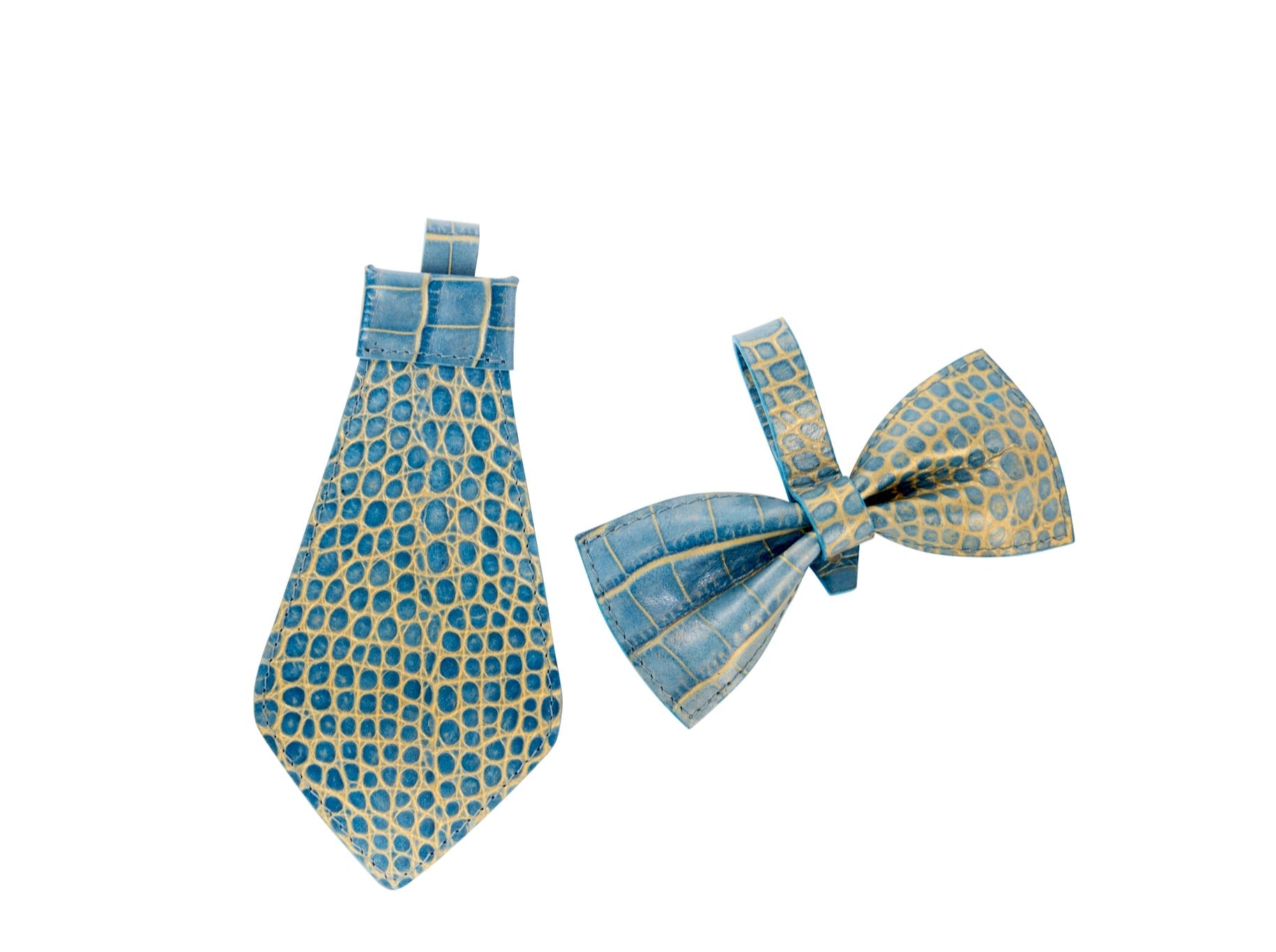 Blue & Gold Embossed Croc Italian Leather Tie & Bow tie Set by Allysa Payne Beverly Hills - main product image for Resin Society
