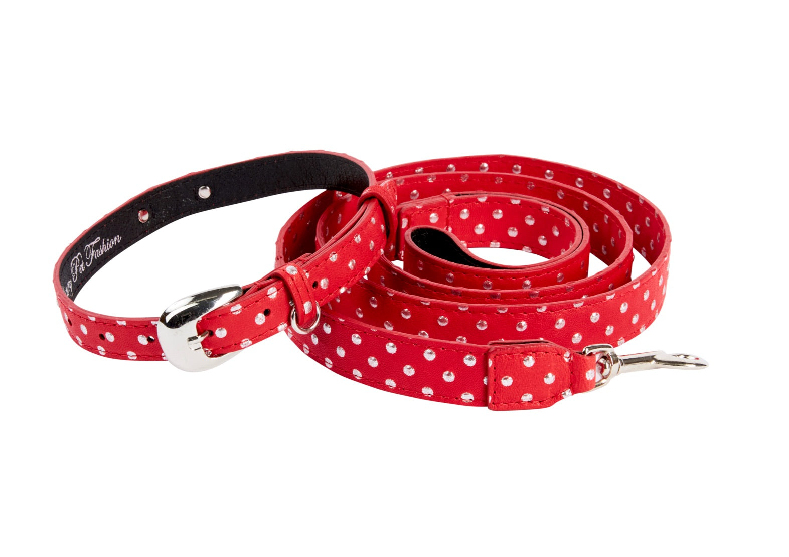 Red & Silver Polka Dot Italian Leather Collar & Leash Set With Silver by Allysa Payne Beverly Hills - main product image for Resin Society