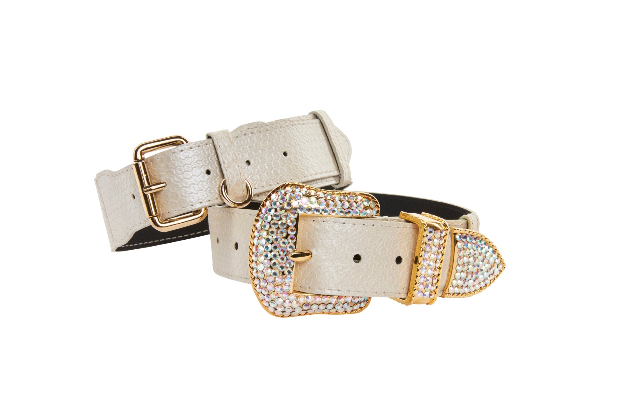 Iridescent off-white snake collars with gold classic and Swarovski hardware laid flat