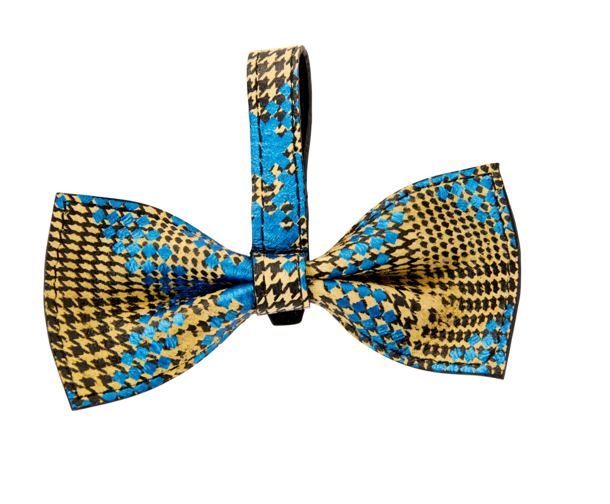 Blue, yellow, and black plaid Italian leather bowtie shown flat and worn by a bulldog