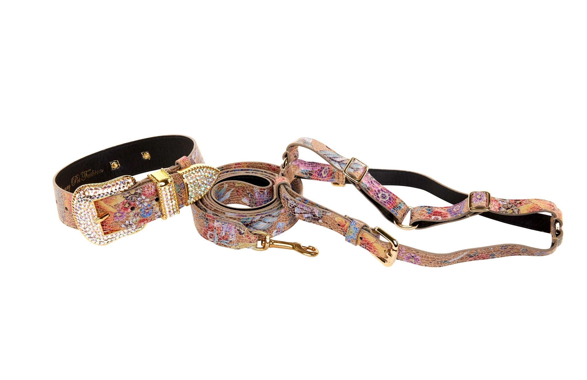 Taupe floral mosaic Italian leather pet collar, leash, and harness set with Swarovski crystals