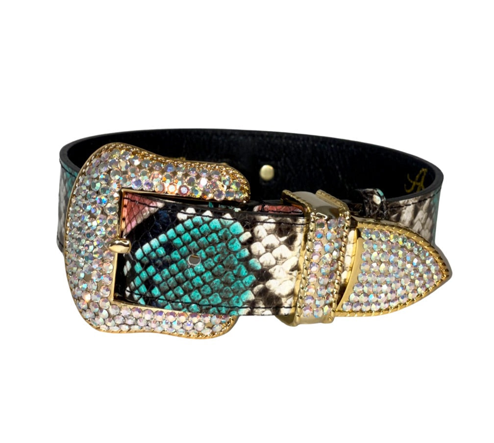 Multi-color embossed snake Italian leather collar accented with Italian made Swarovski crystal hardware
