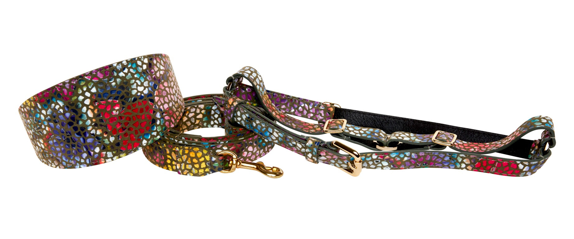Olive Floral Mosaic Italian Leather 3” Wide Style Collar, Leash & Harness Set