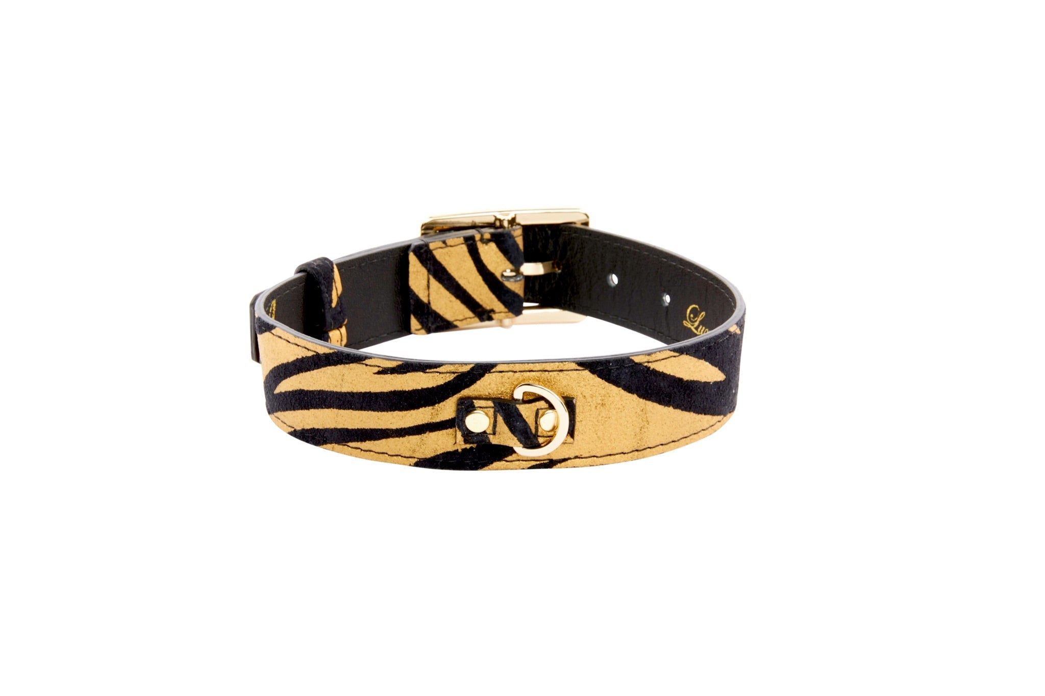 Gold & Black Zebra Print Italian Leather Collar with Modern Classic Hardware