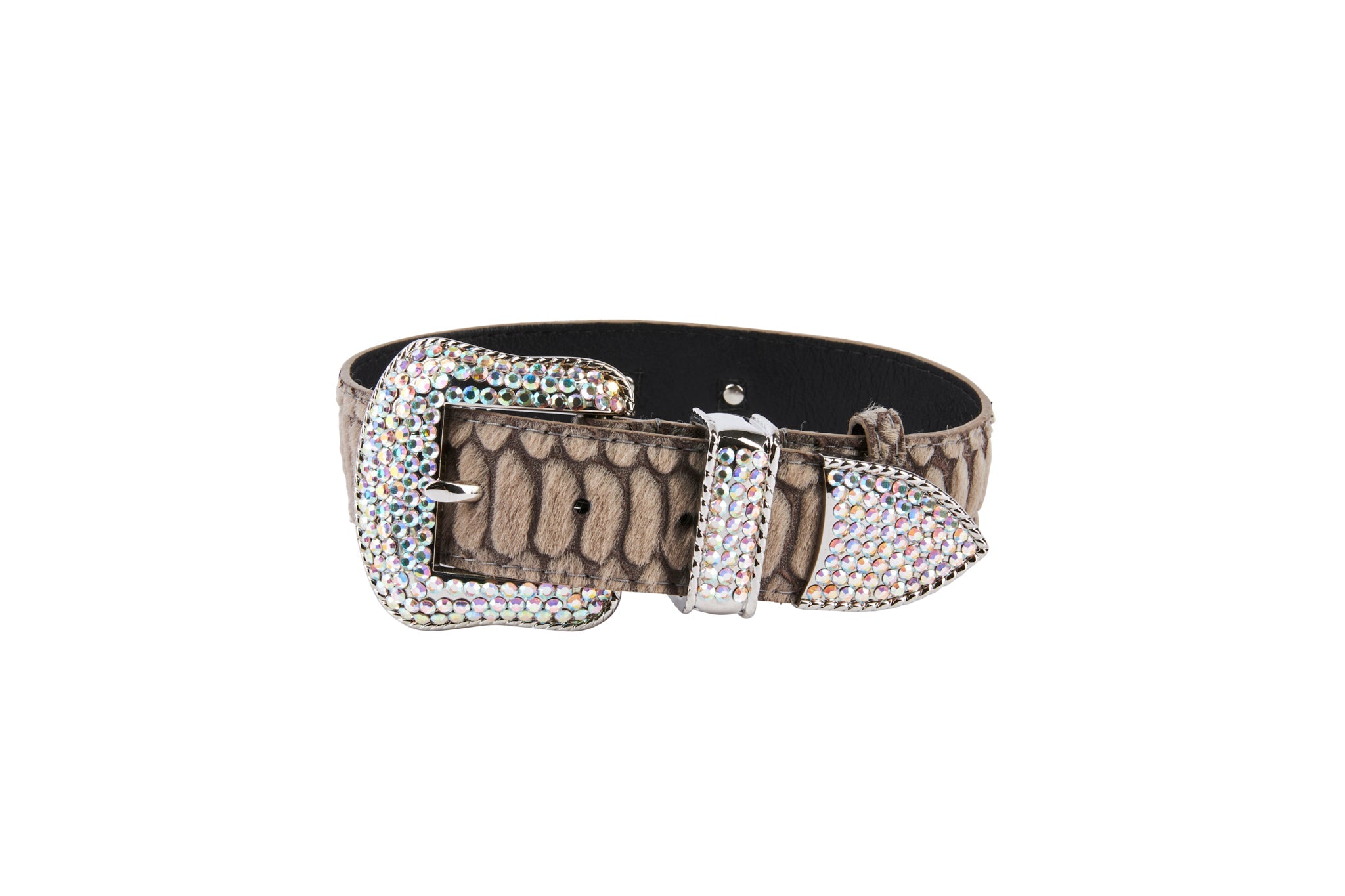 Grey Snake Print Hair On Hide Italian Leather Collar With Swarovski
