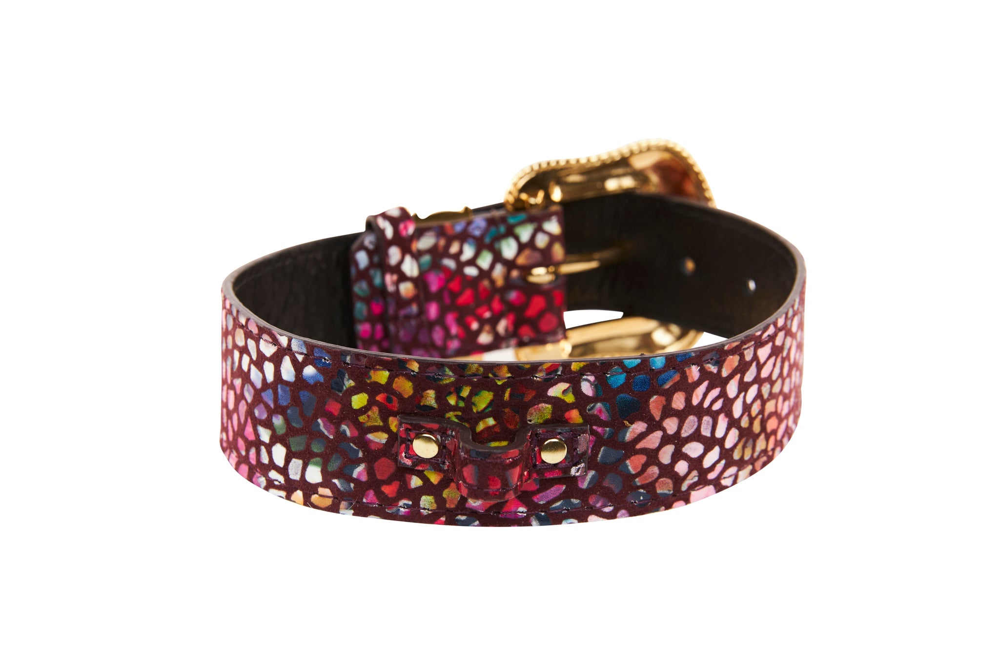 Luxury Pet Fashion Burgundy & Black Floral Mosaic Italian Leather Collar Set with Silver Swarovski Crystal Hardware