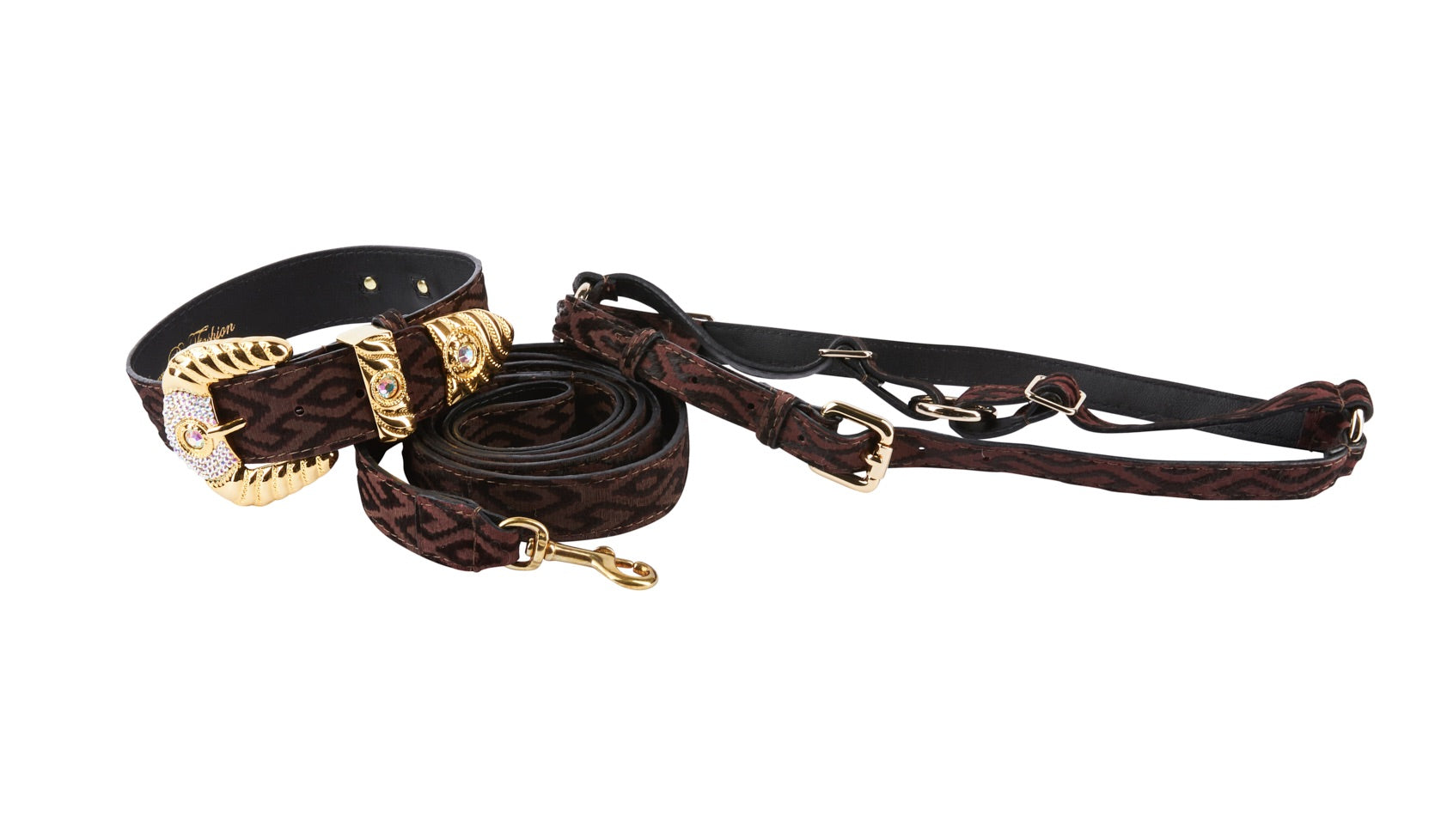 Black and brown patterned Italian leather pet collar set with ornate Swarovski crystal hardware