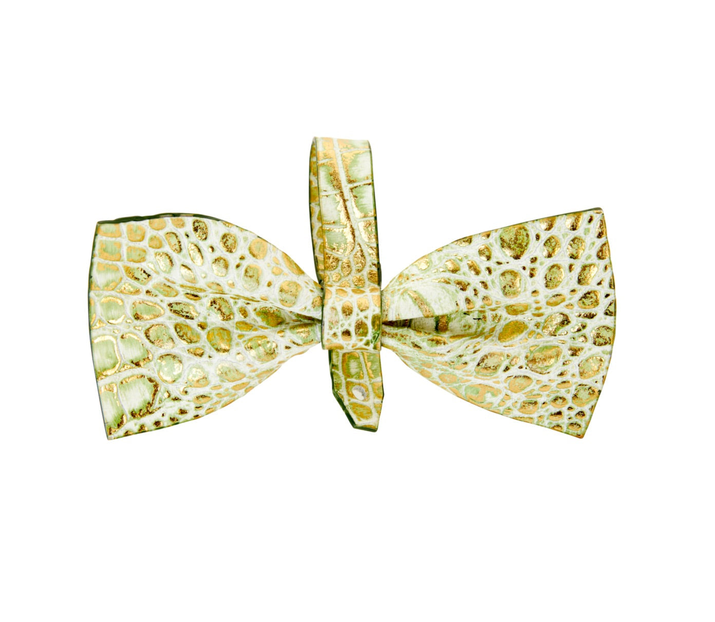 Green and gold embossed crocodile pattern Italian leather bowtie displayed flat.