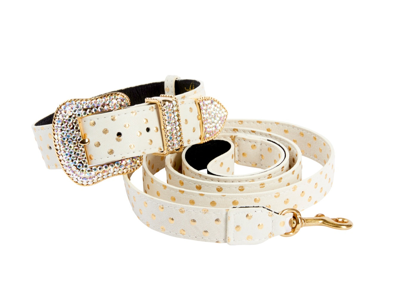 White & Gold Polka Dot Italian Leather Swarovski Crystal Collar & Leash