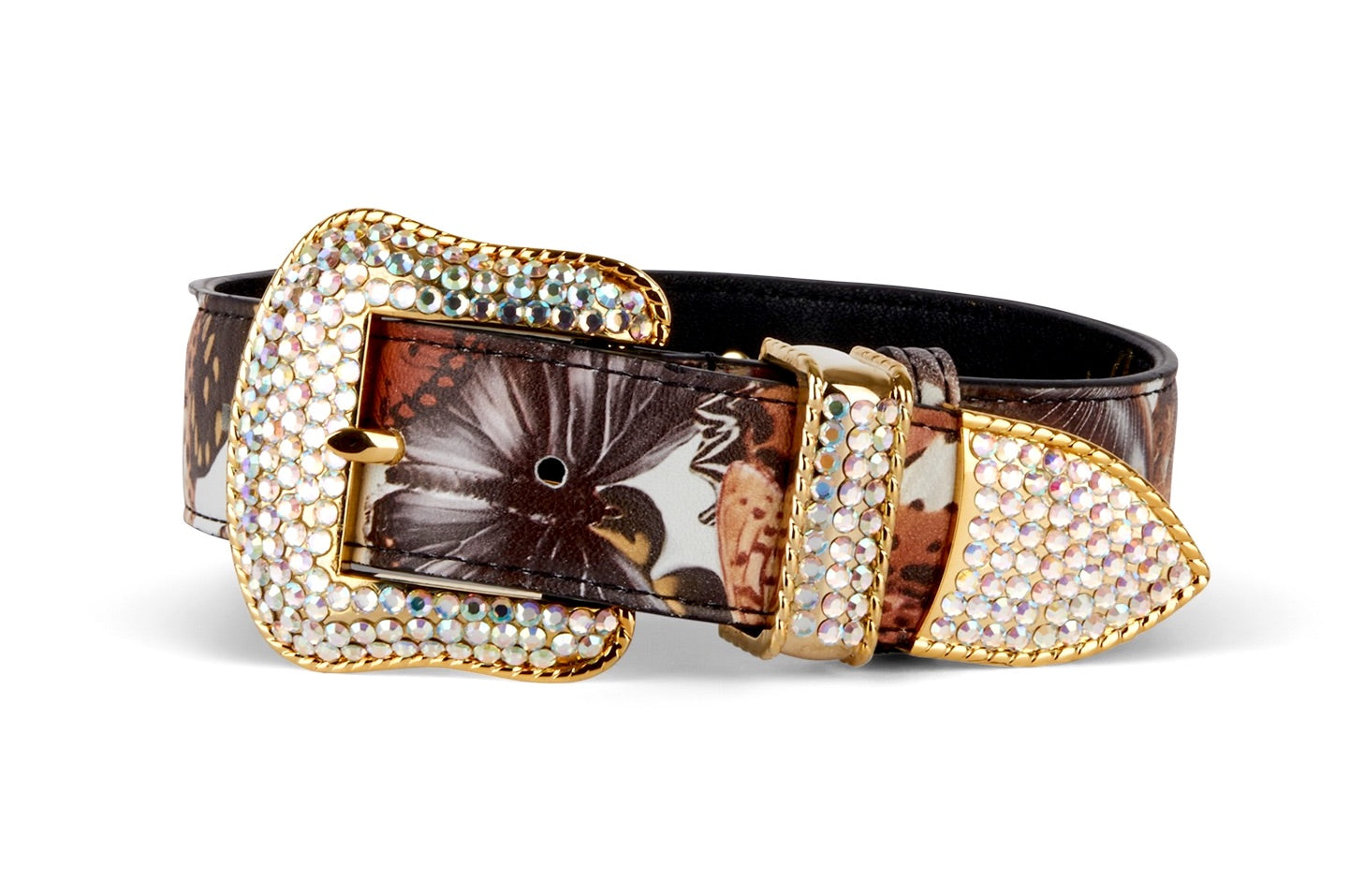Butterfly print Italian leather collar with gold Swarovski crystal hardware lying on a woven surface