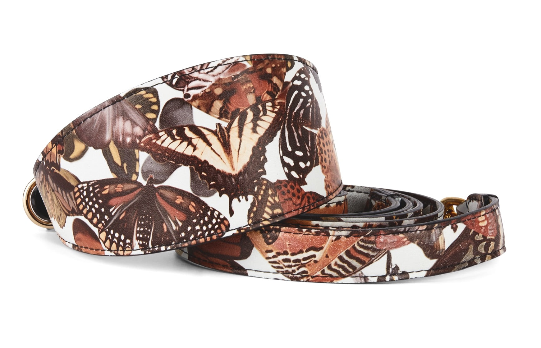 Butterfly print Italian leather wide style collar and matching leash set arranged together