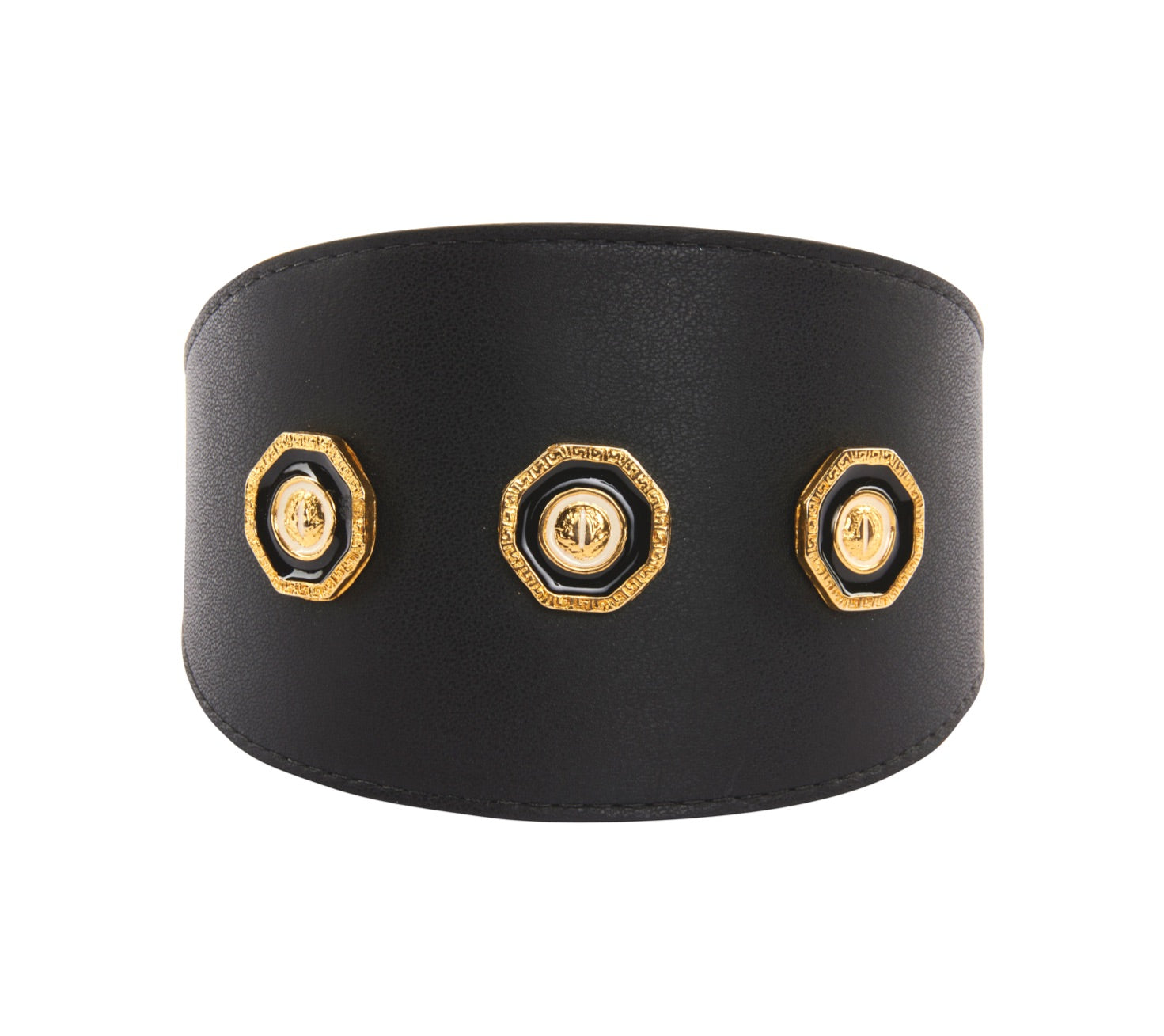 Luxury black Italian leather pet collar with white, gold, and black vintage rivets laid flat