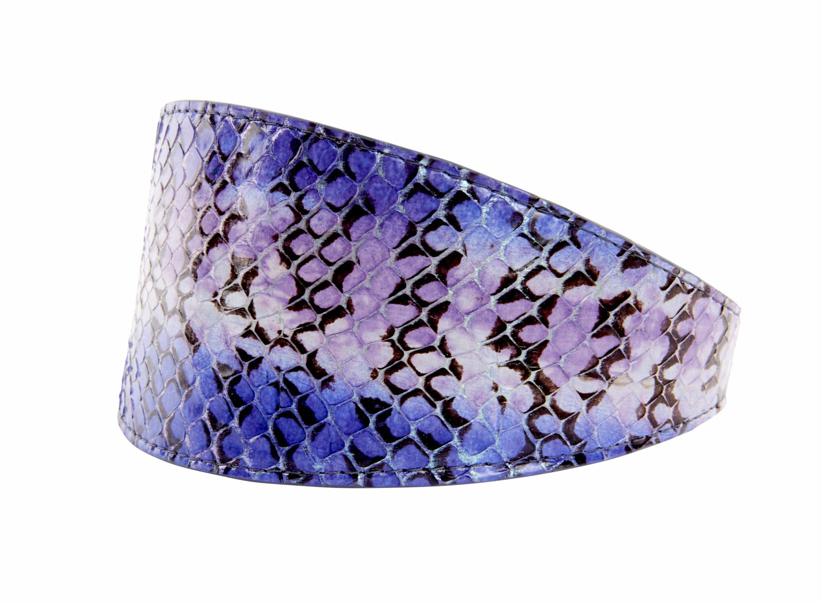 Purple, silver, and black iridescent snake patterned wide pet collar displayed flat.