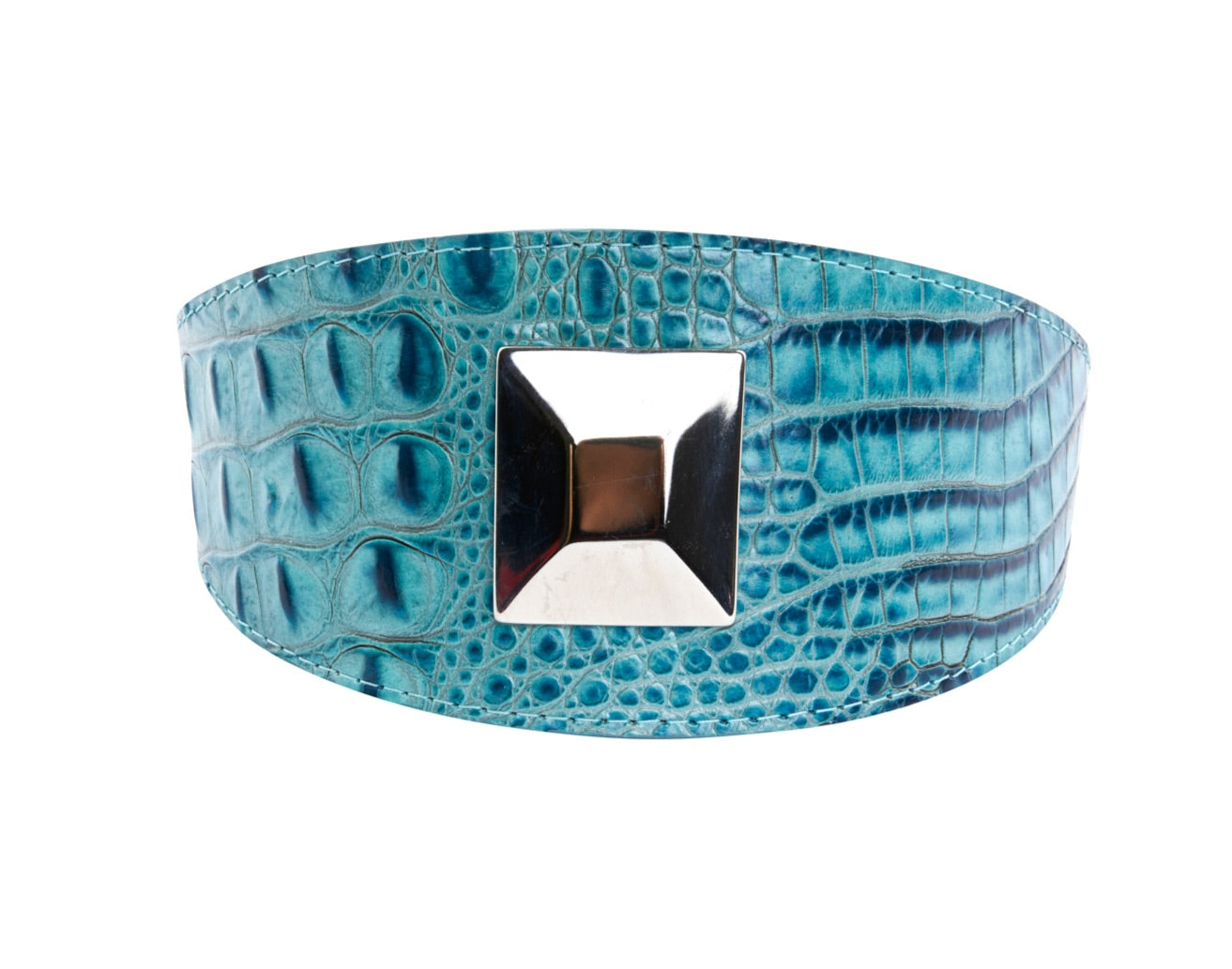 Turquoise Embossed Croc Italian Leather 3” Wide Style Collar With Large by Allysa Payne Beverly Hills - main product image for Resin Society