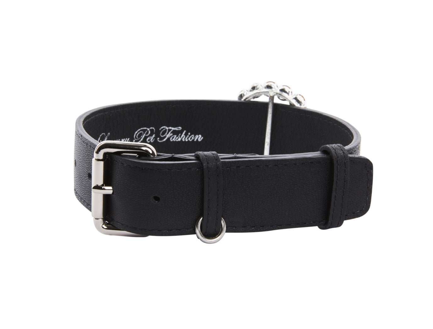 Black Italian Leather Collar With Authentic Crystal Ring/Reversible