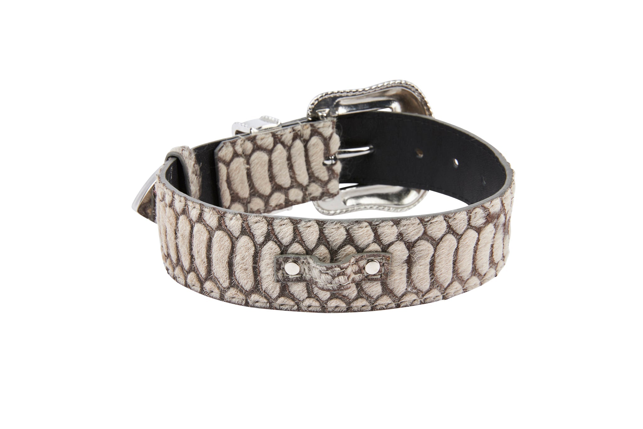 Grey Snake Print Hair On Hide Italian Leather Collar With Swarovski