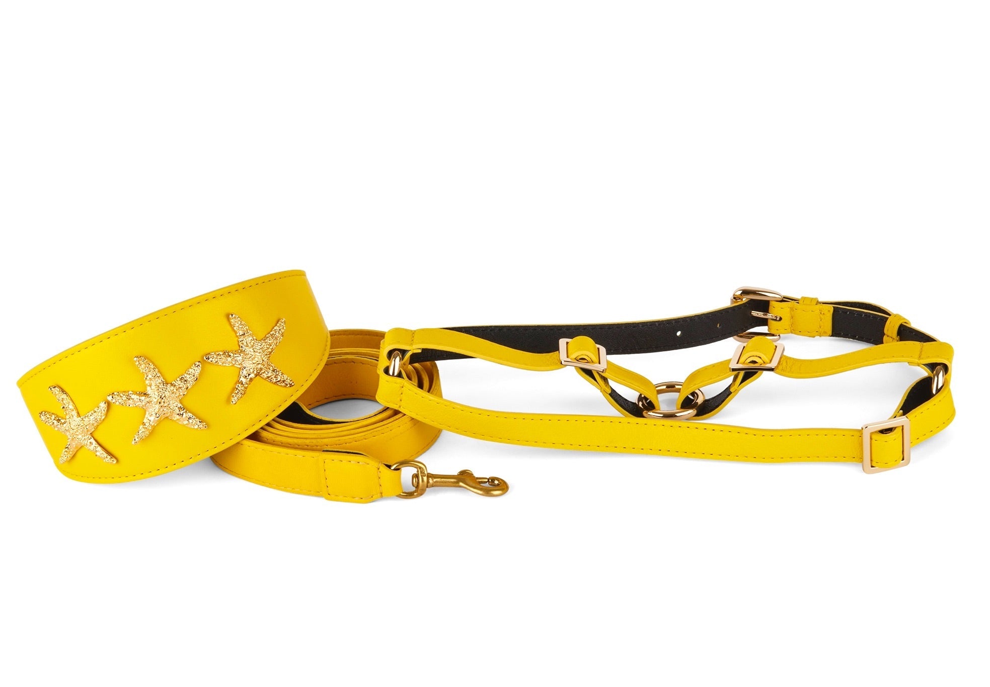 Smooth yellow Italian leather dog collar, leash, and harness with custom gold starfish detail