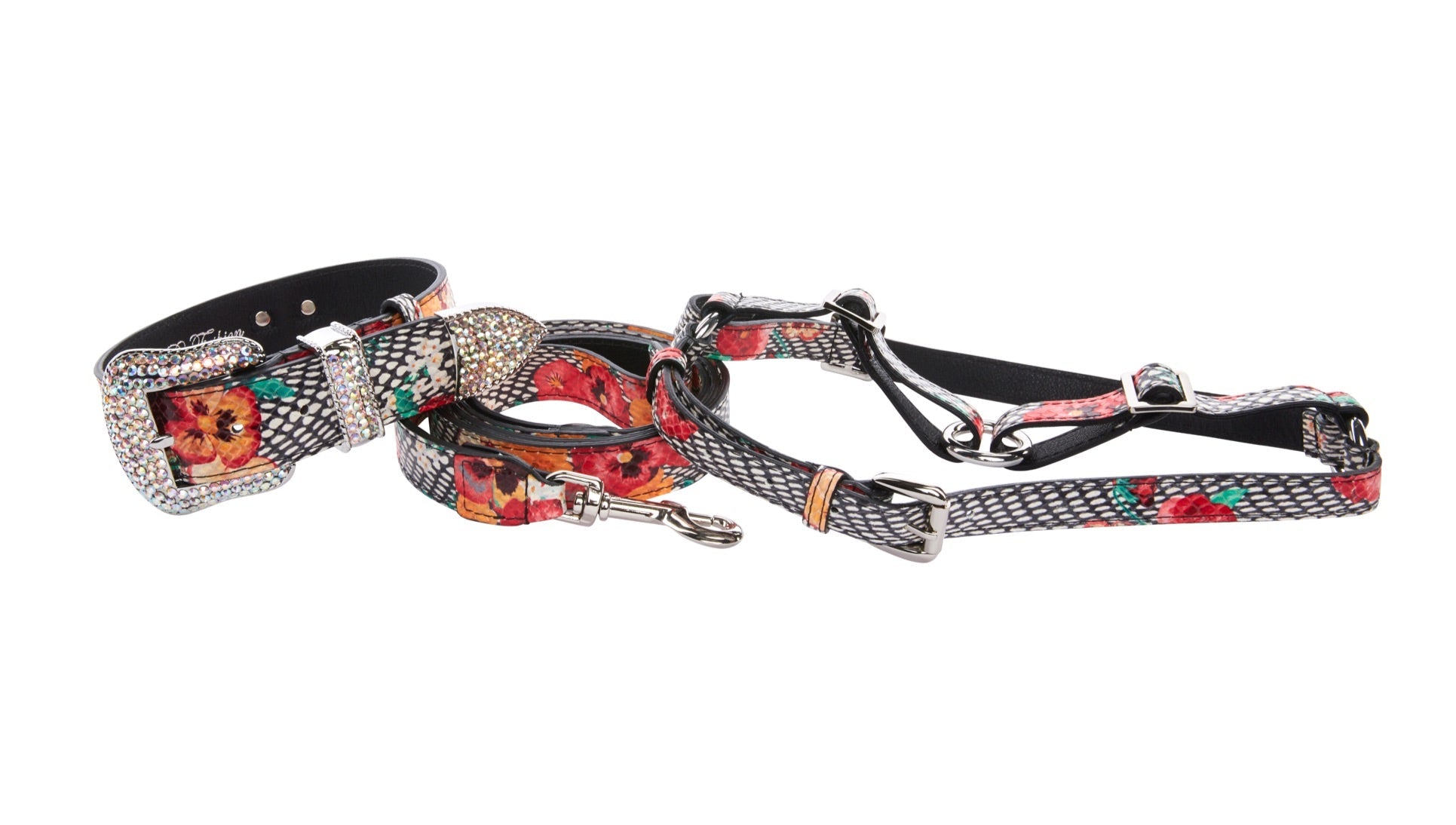 Pansy and snake print embossed Italian leather collar, leash, and harness set with silver Swarovski hardware