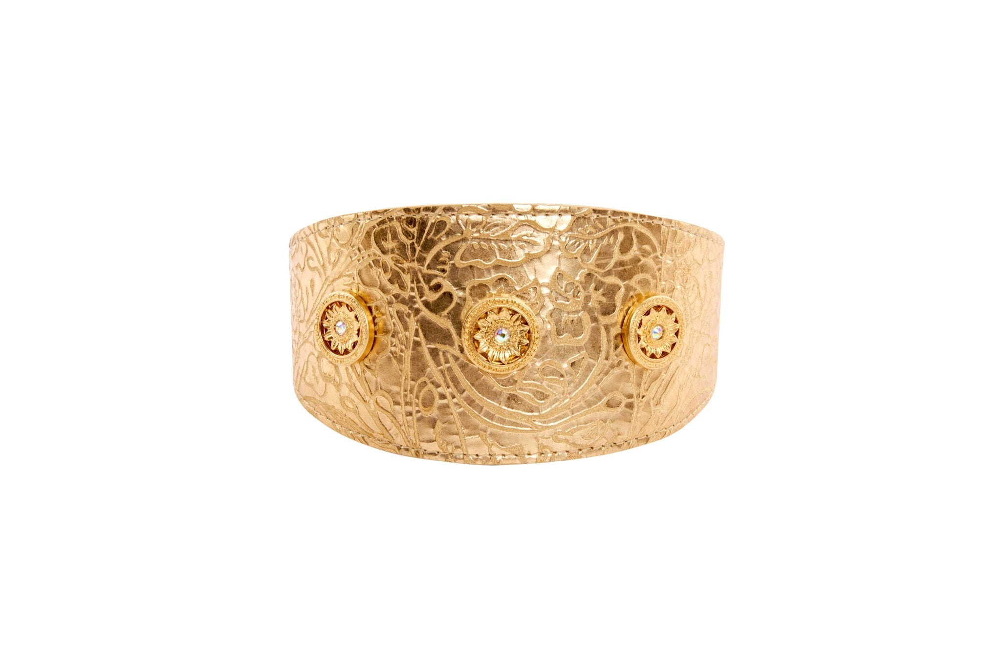 Gold Floral Print Italian Leather With Gold Sunflower Rivets by Allysa Payne Beverly Hills - product image 2 for Resin Society