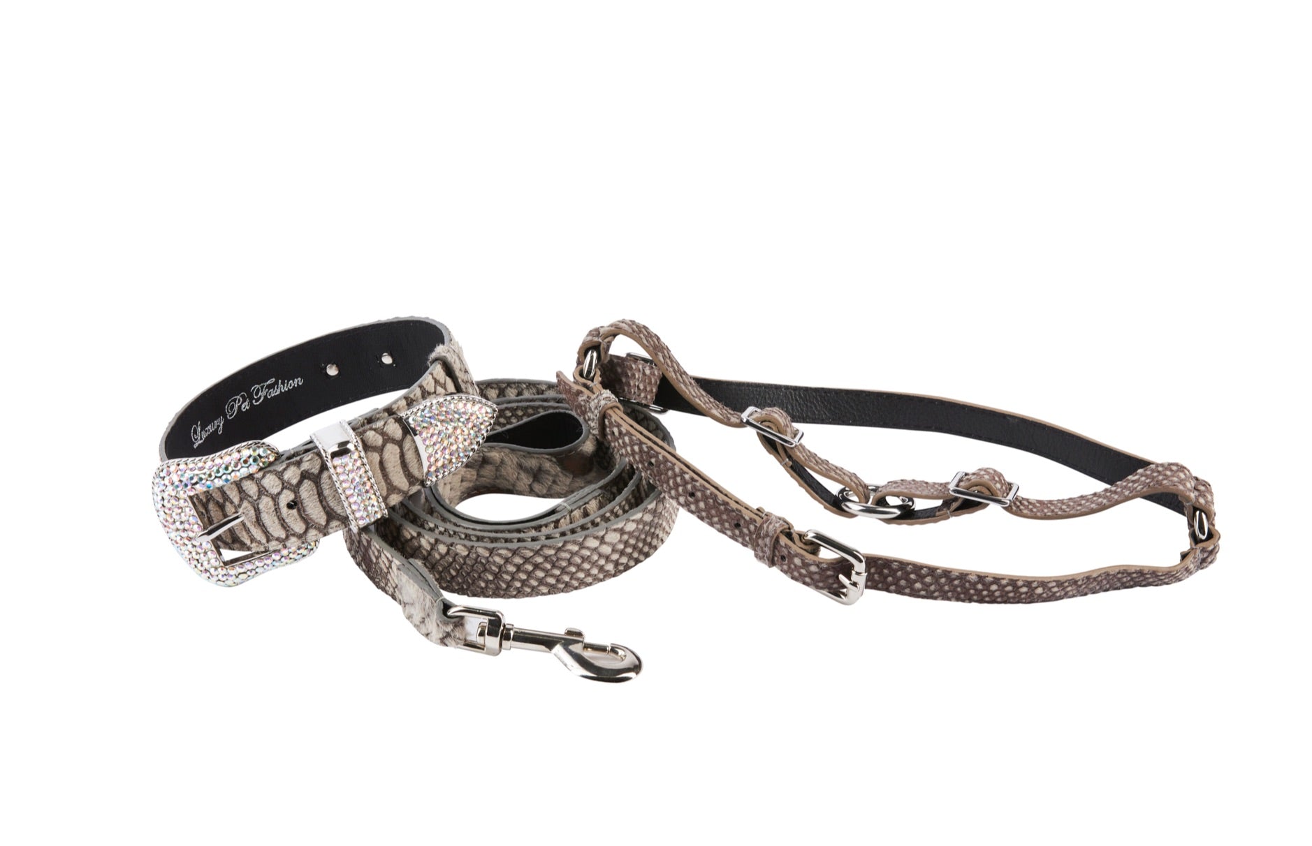 Grey Snake Print Hair On Hide Italian Leather Collar & Leash Set With by Allysa Payne Beverly Hills - main product image for Resin Society