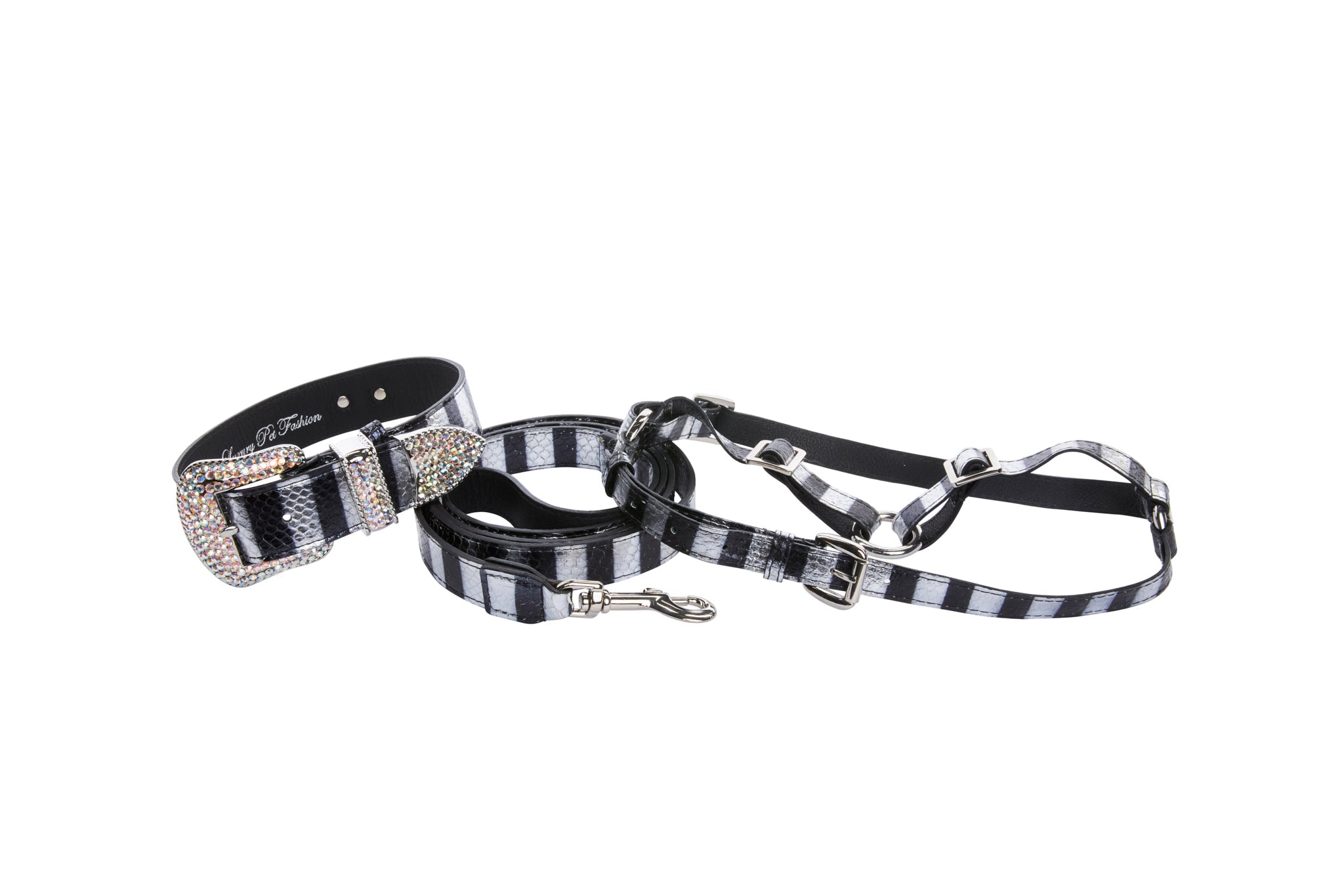 Black and silver striped snake-patterned pet collar, leash, and harness set with Swarovski crystal hardware