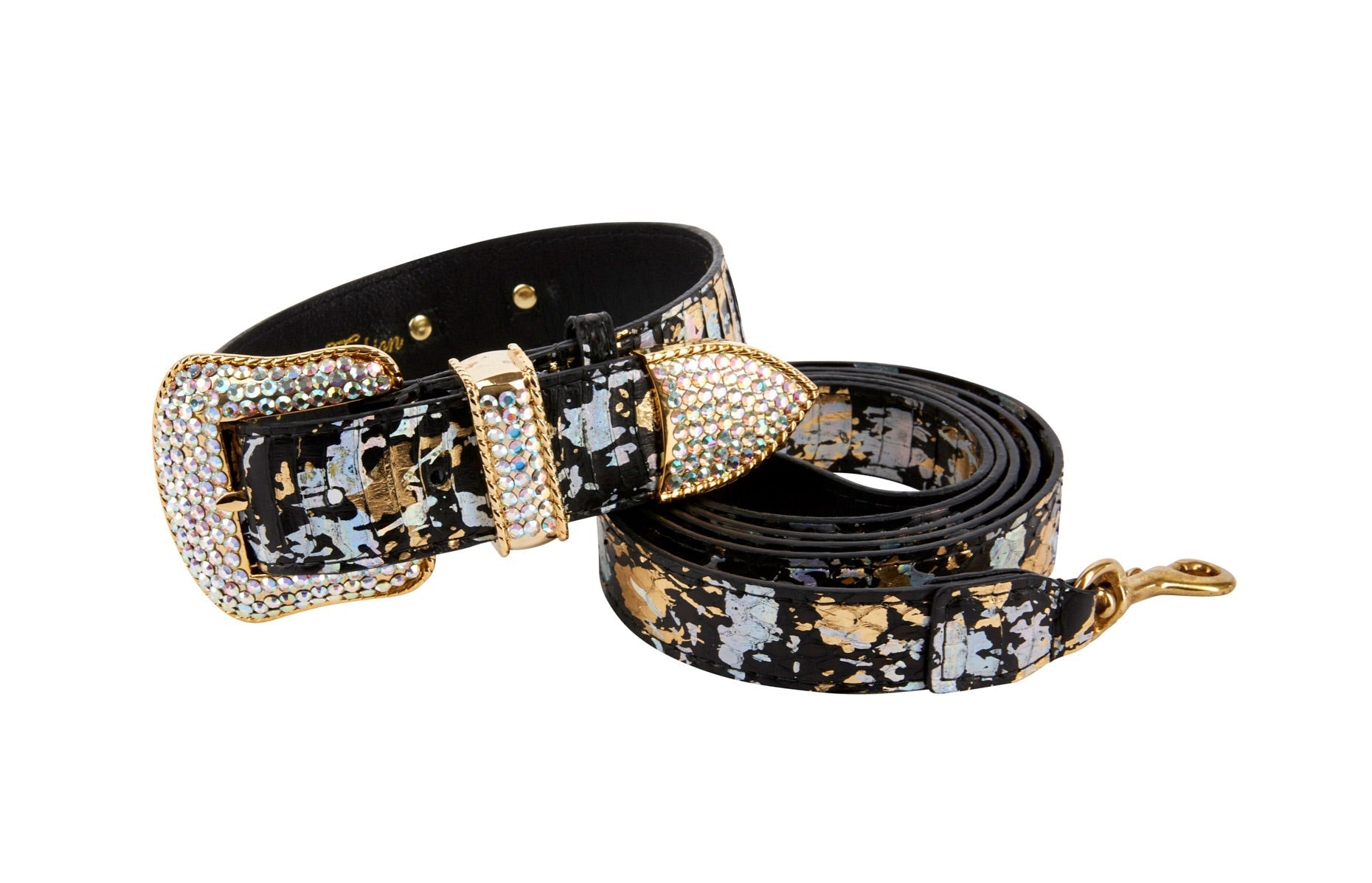 Black, Gold, Silver Iridescent Snake Collar & Leash Set With Swarovski