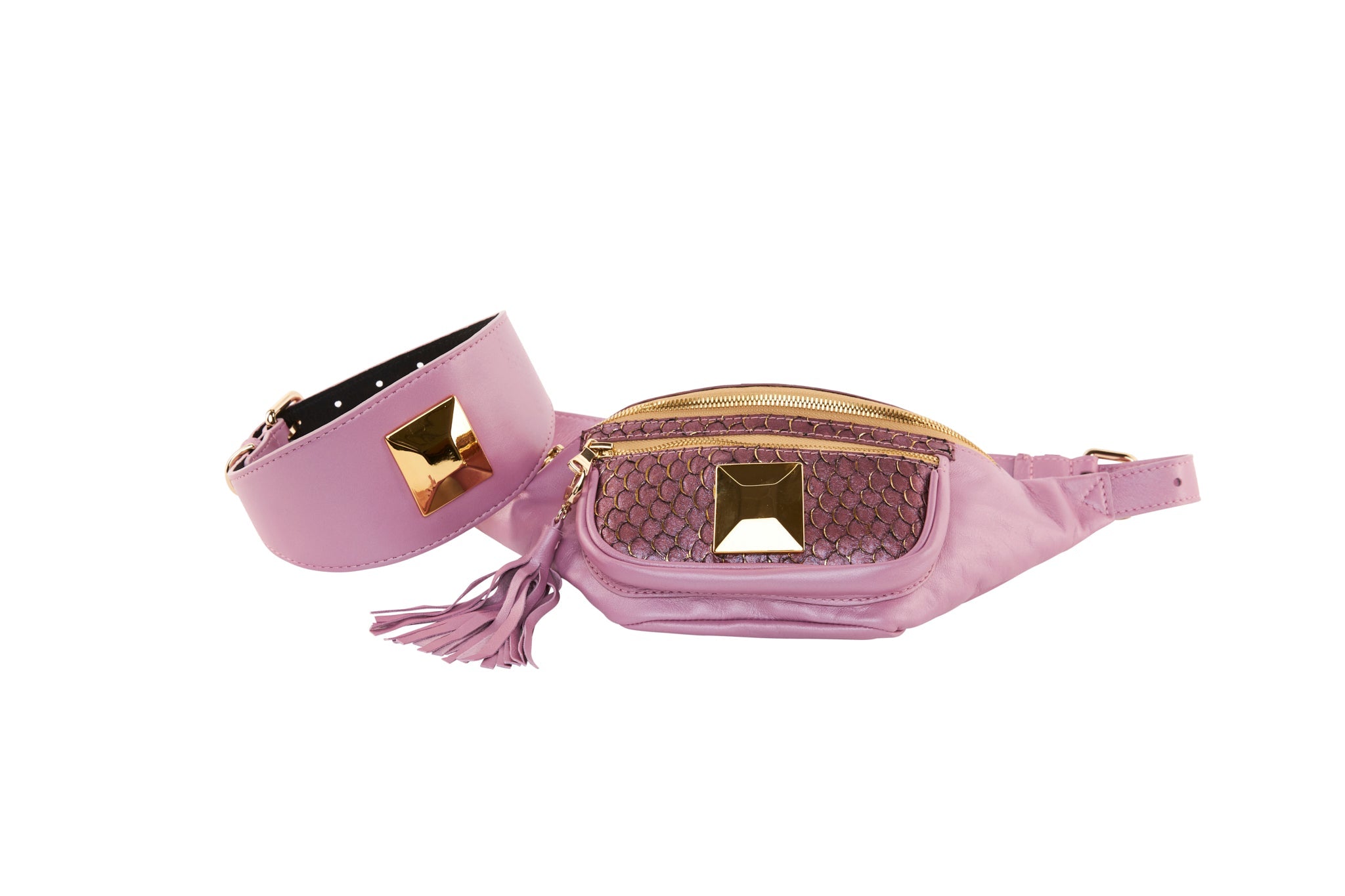 Pearl Purple Italian Leather/Purple Tilapia Fanny Pack With Large Gold by Allysa Payne Beverly Hills - product image 2 for Resin Society