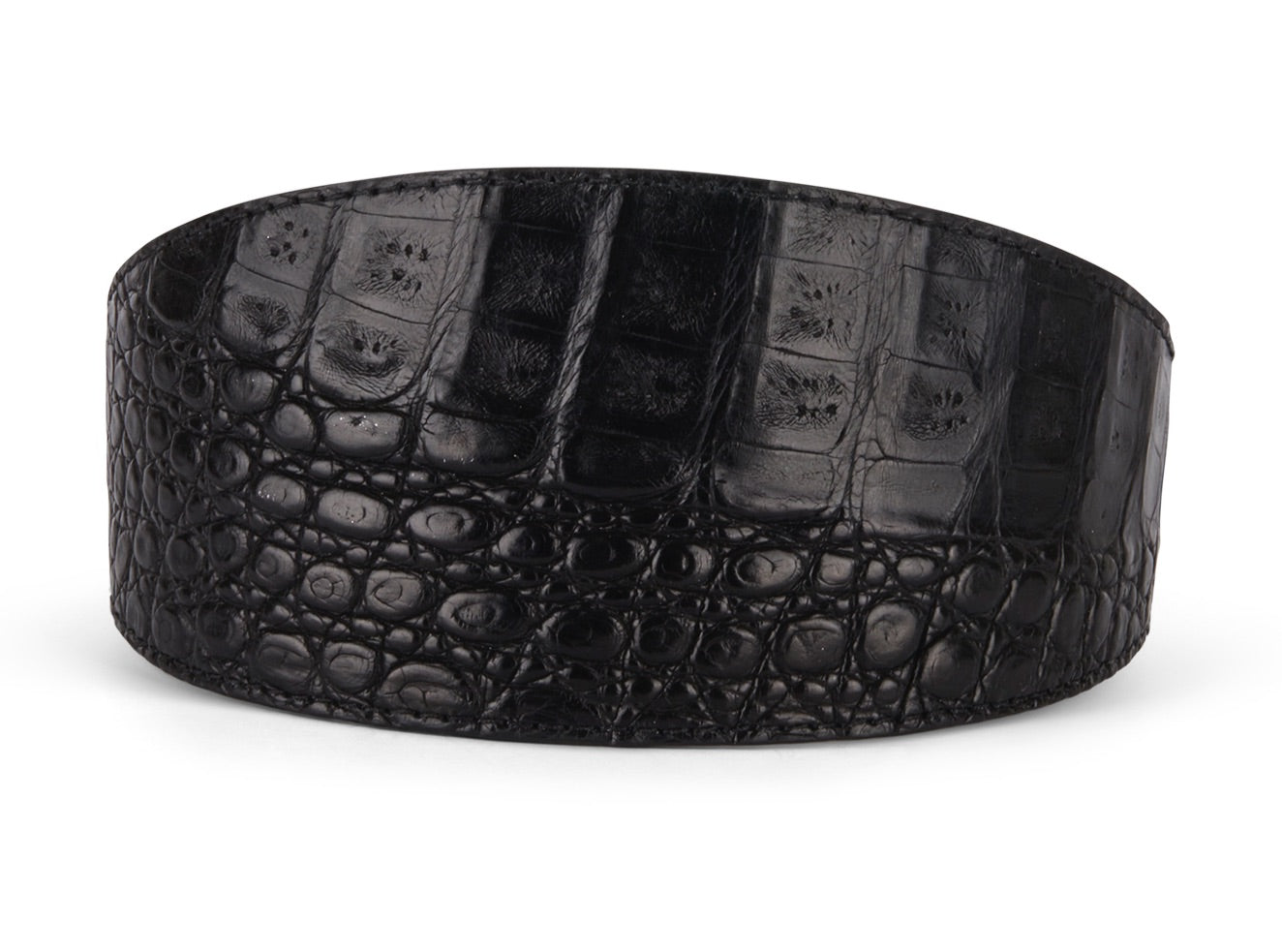 Black croc pattern wide collar with large buckle, displayed flat on a neutral surface