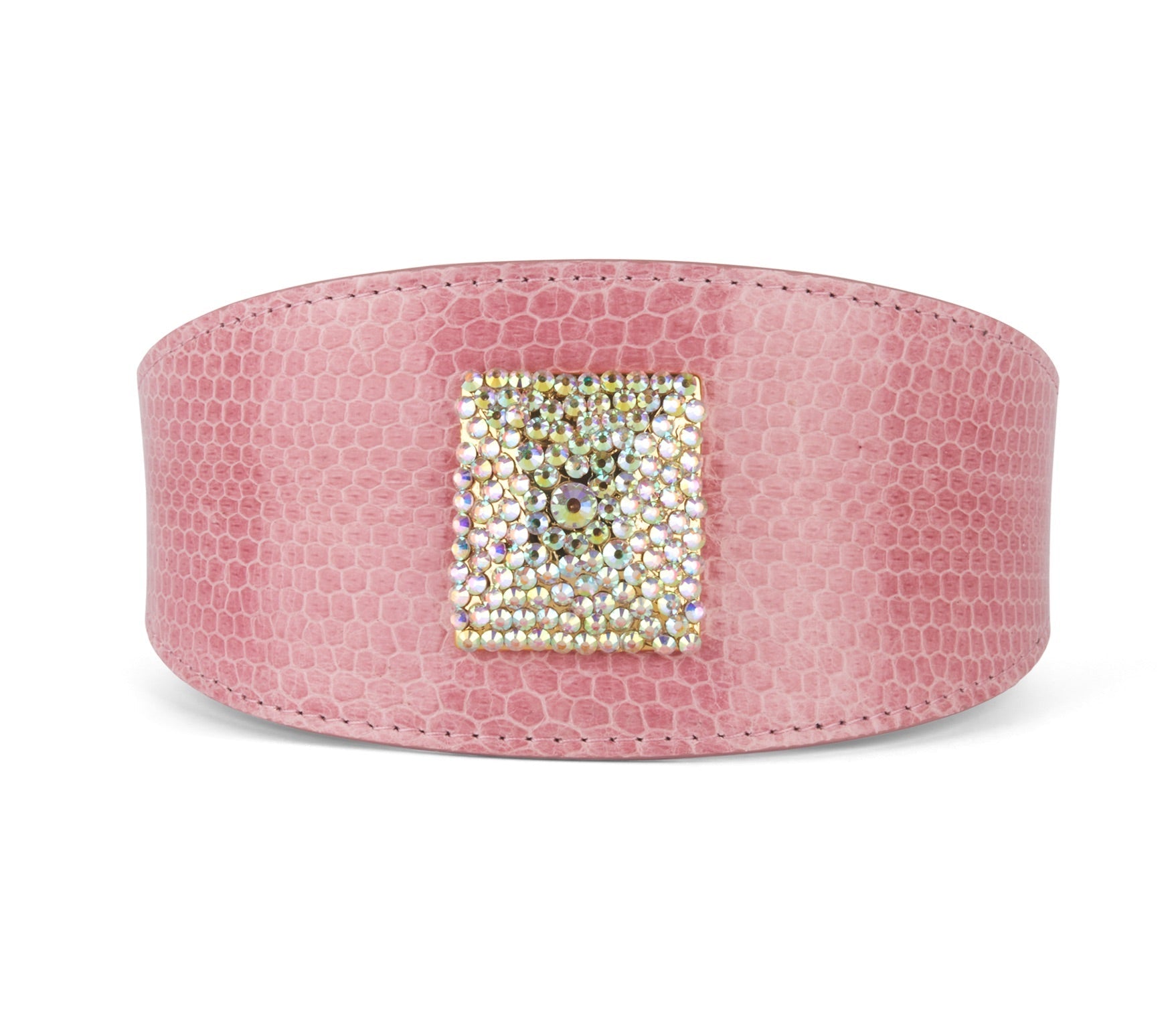 Soft Pink Snake 3” Wide Style Collar featuring a custom Swarovski rivet laid out flat.