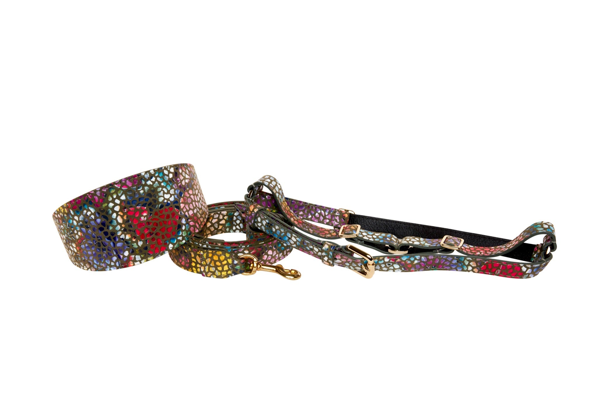 Olive Floral Mosaic Italian Leather pet collar, leash, and harness displayed