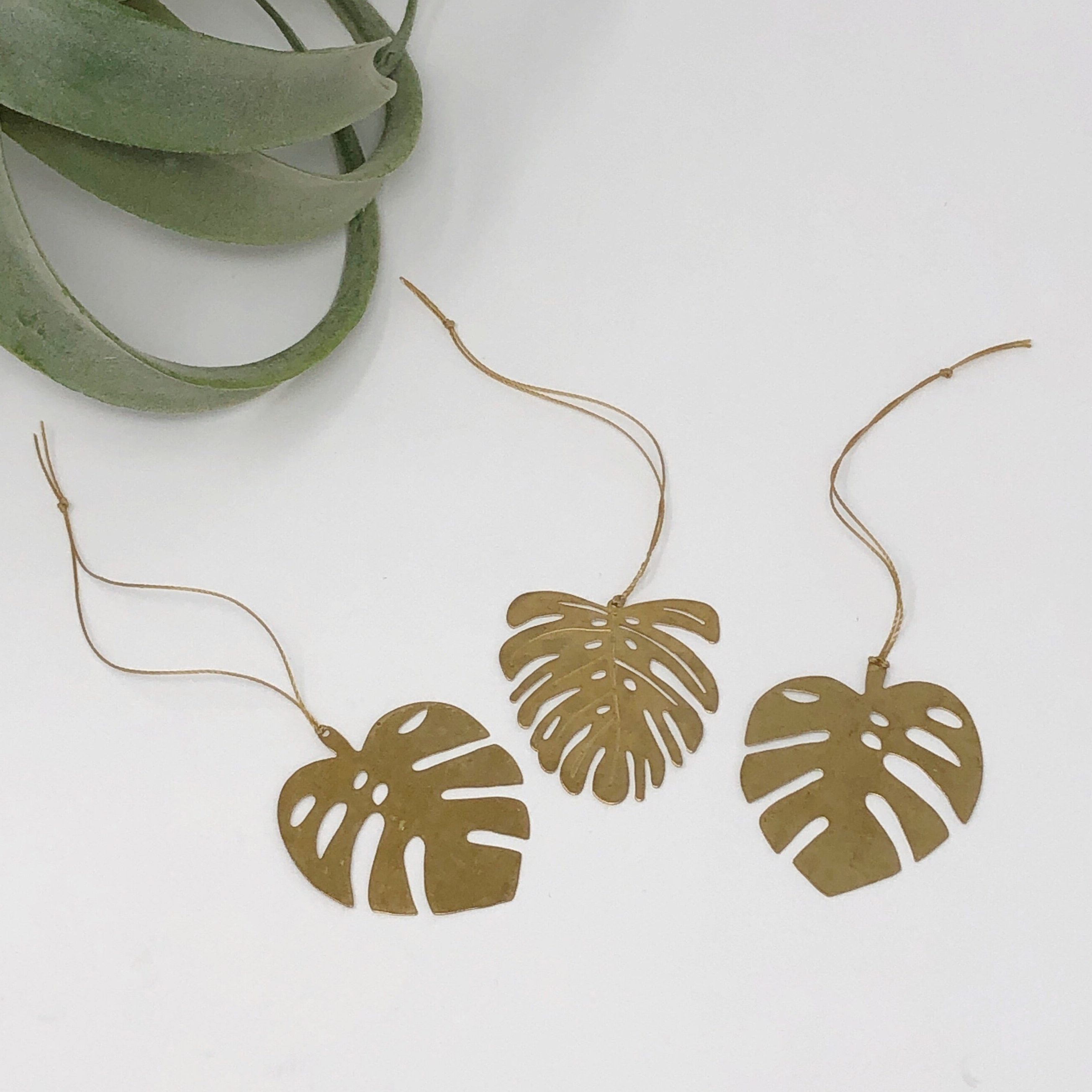 Urban Jungle Ornament Set by Vida + Luz consisting of three hand-cut hammered brass hanging ornaments displayed on a light wall
