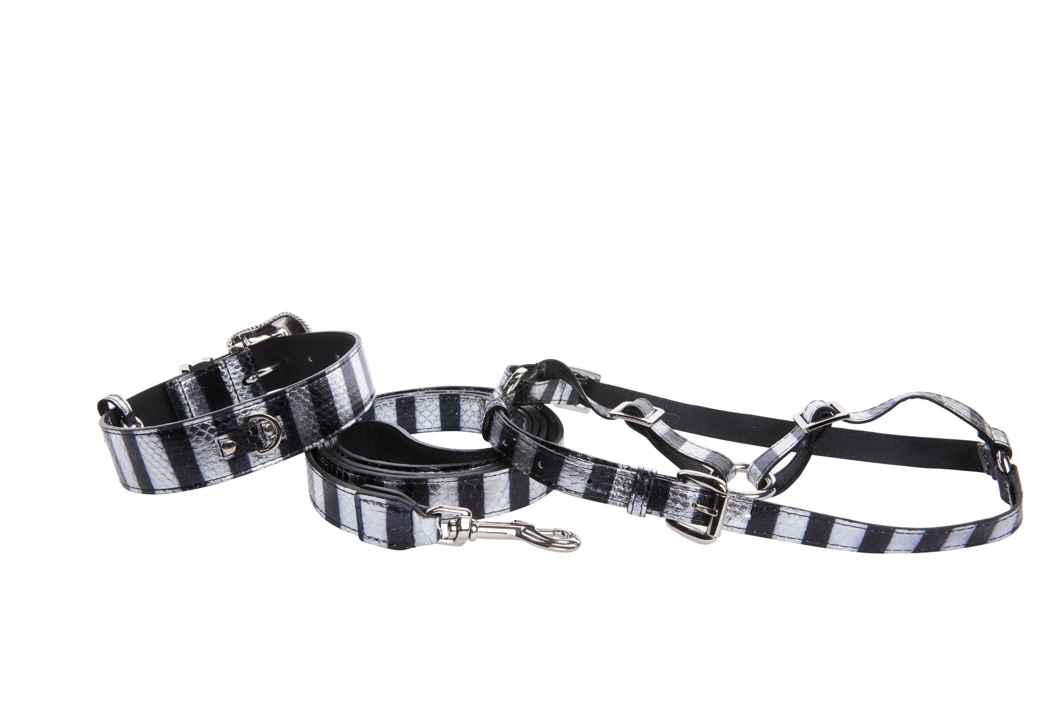 Black & Silver Stiped Snake With Swarovski Crystal Hardware Collar, Leash & Harness Set