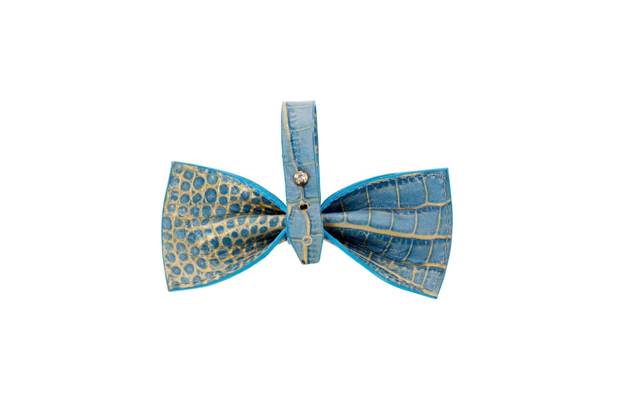 Blue & Gold Embossed Croc Italian Leather Bow tie by Allysa Payne Beverly Hills - product image 2 for Resin Society