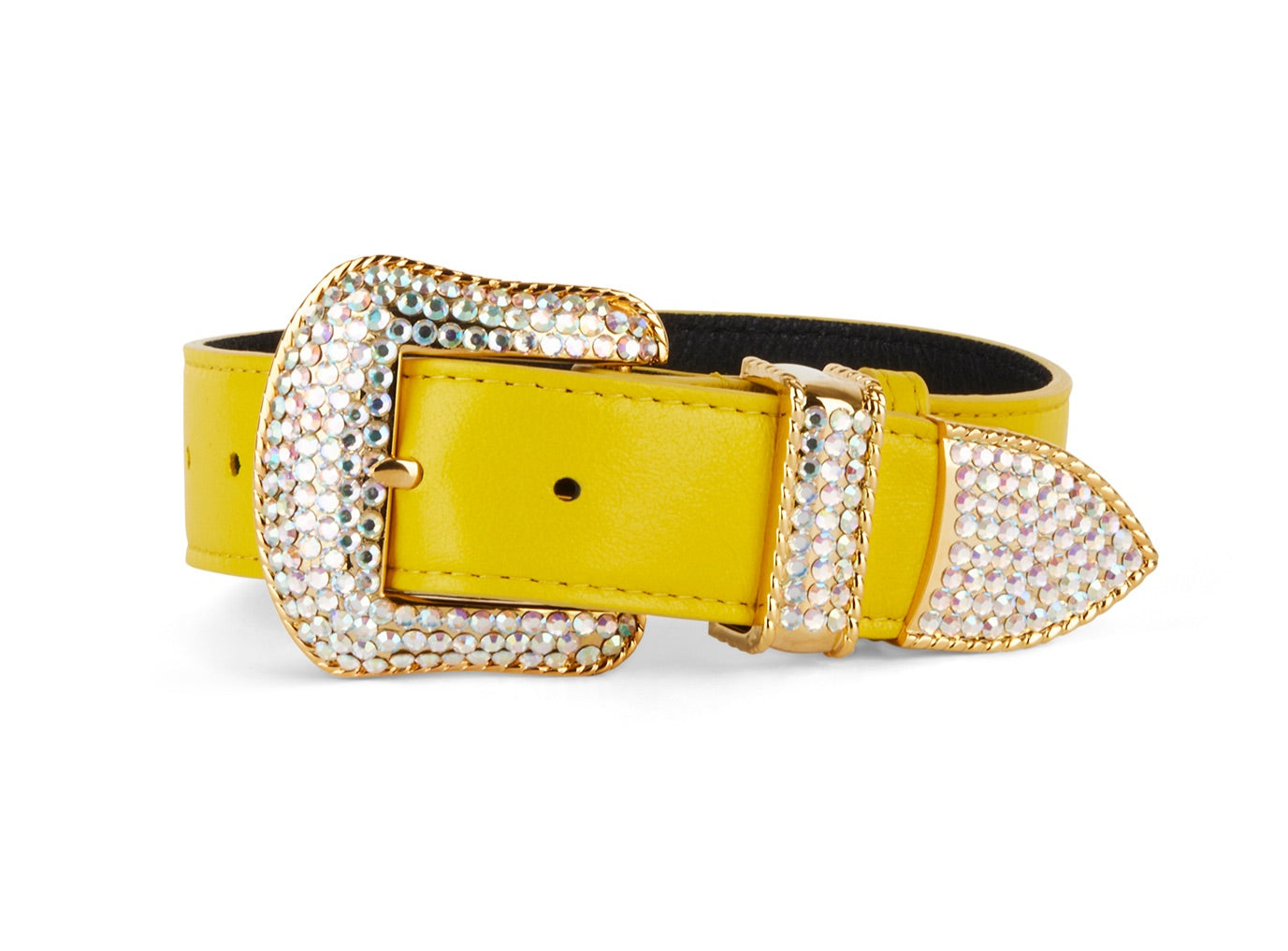 Smooth Yellow Italian Leather with Custom Swarovski Crystal Hardware necklace draped elegantly on a neutral background