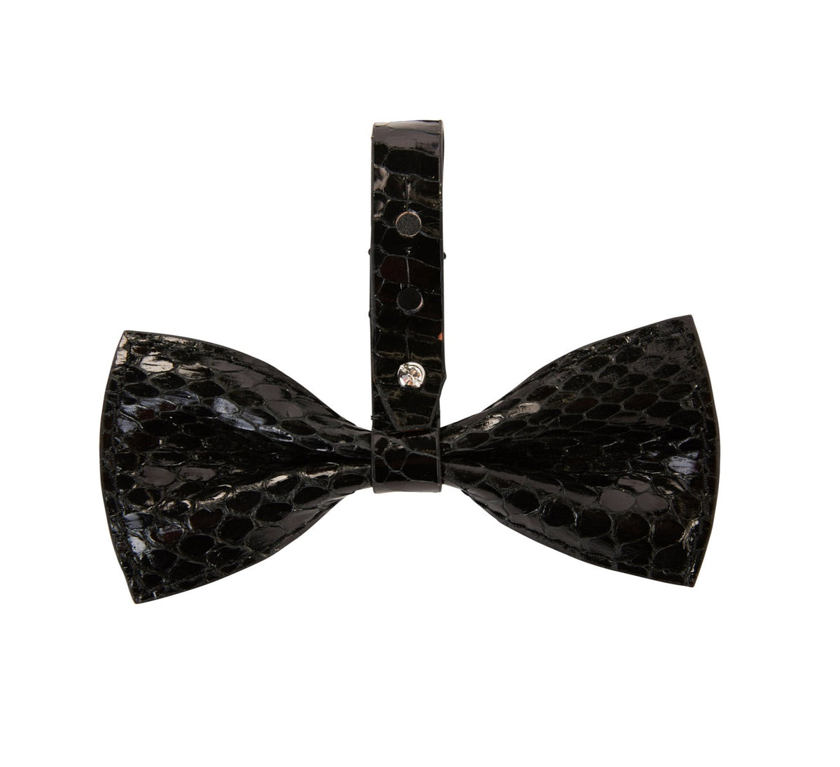 Black Snake Bowtie with silver Swarovski crystal closure on a black fabric background