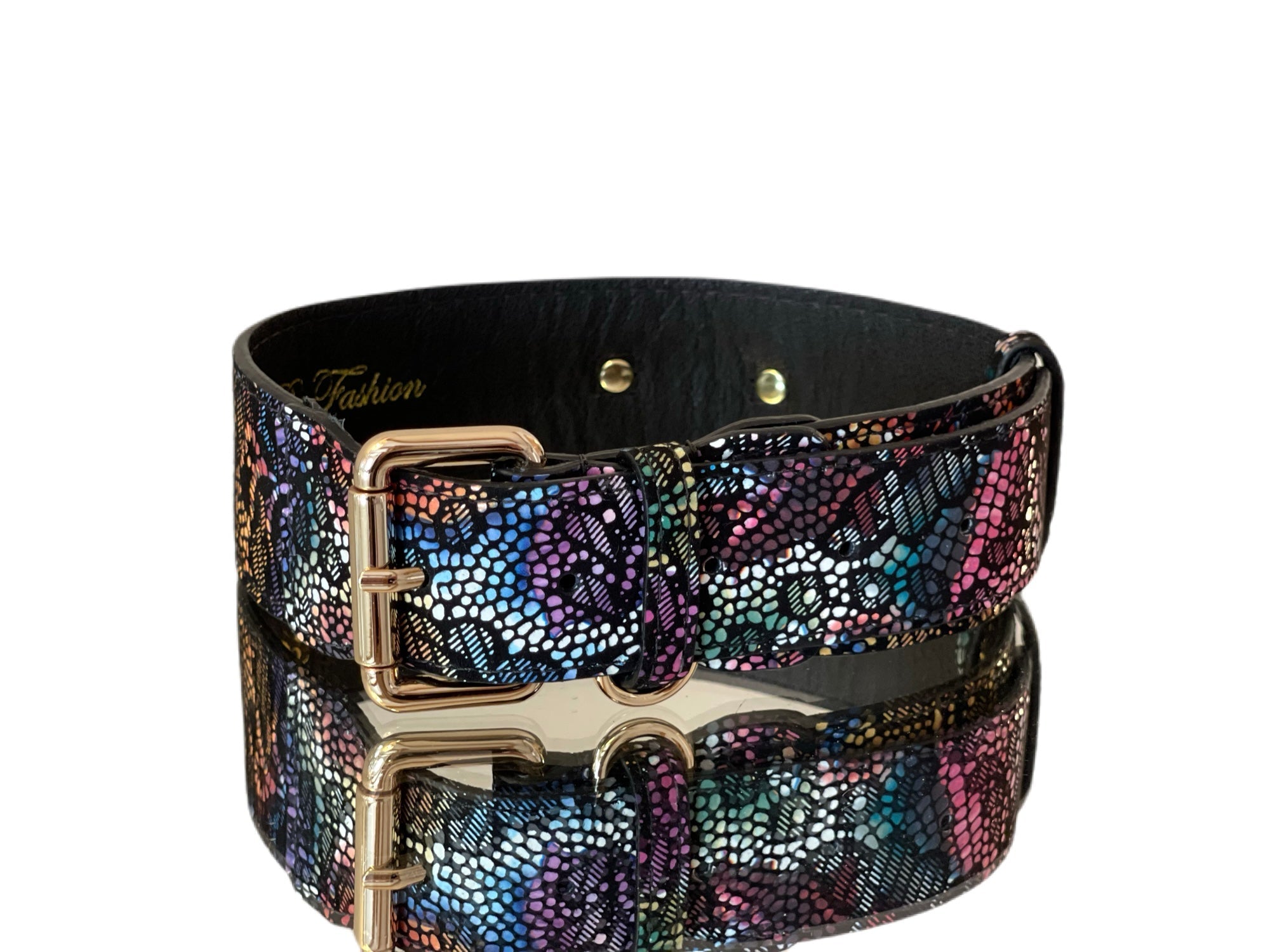 Luxury pet collar in black floral lace Italian leather with gold classic hardware