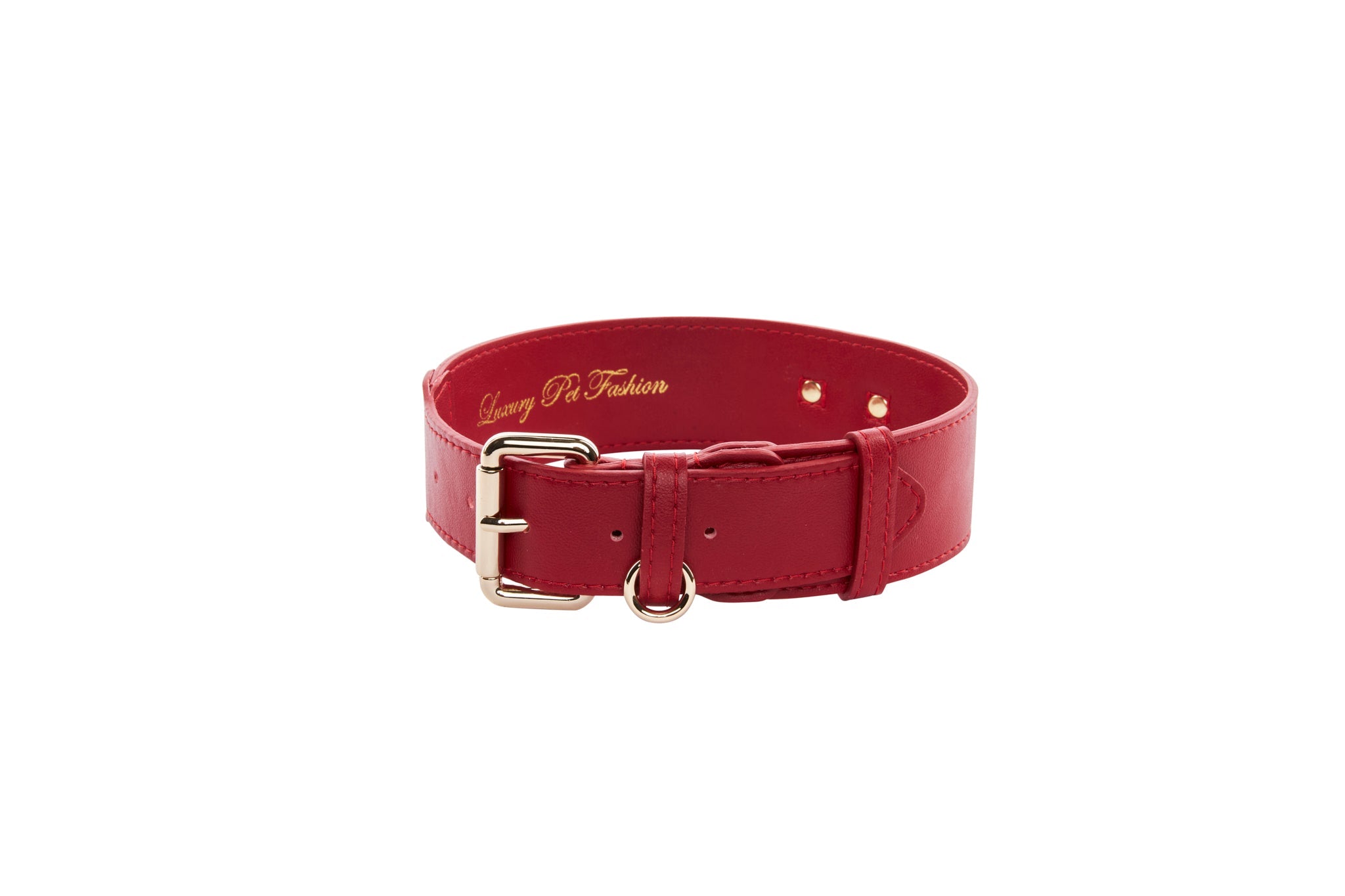 Red vegan leather classic collar with gold hardware displayed on a white background