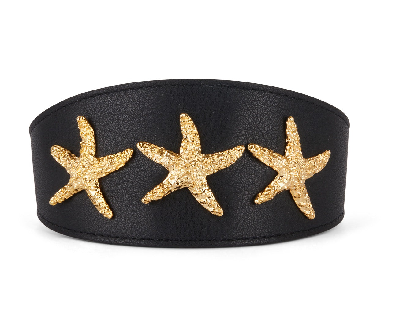 Smooth black Italian leather collar 3 inches wide with gold custom starfish detail