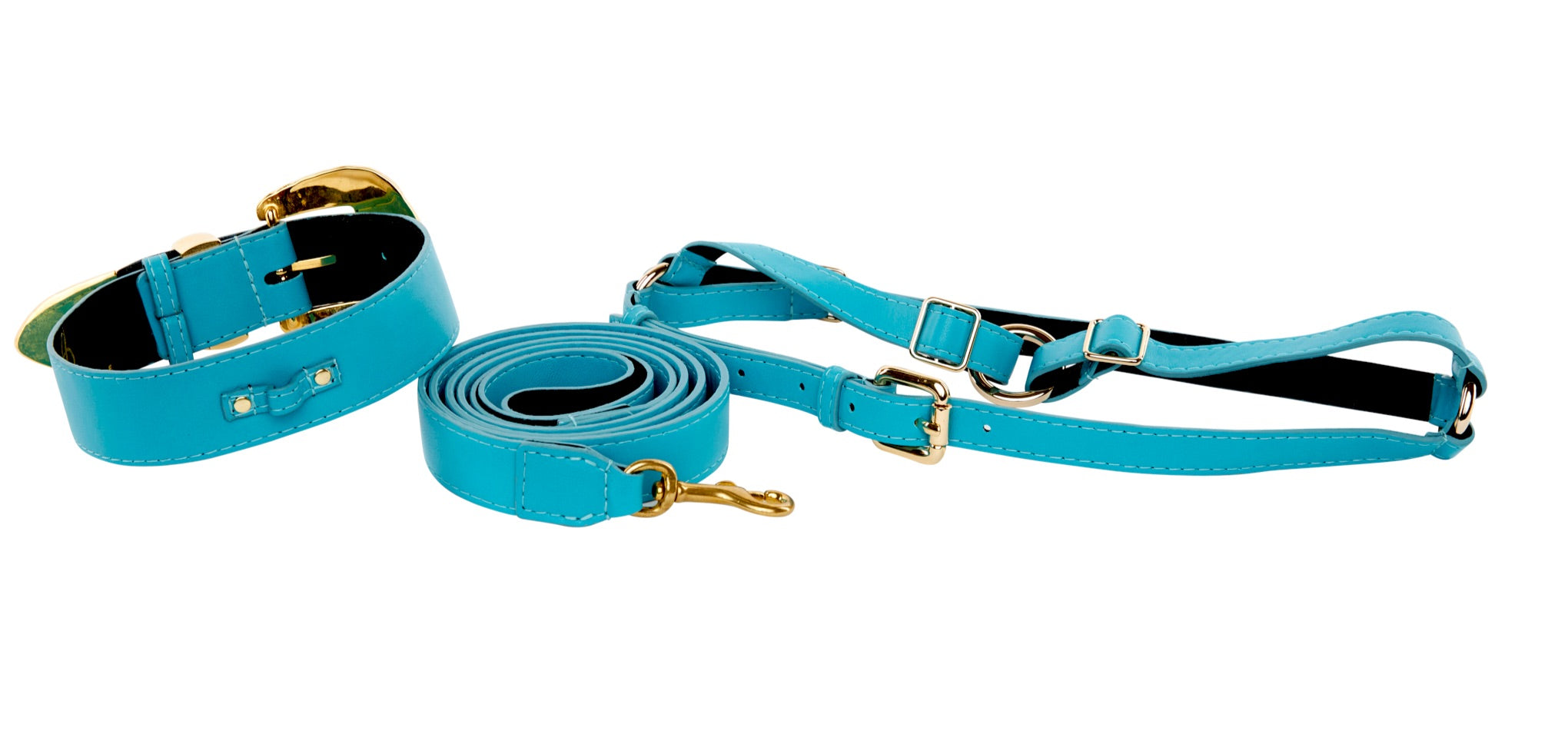 Aqua Blue Italian Leather With Ornate Swarovski Crystal Collar, Leash, Harness Set