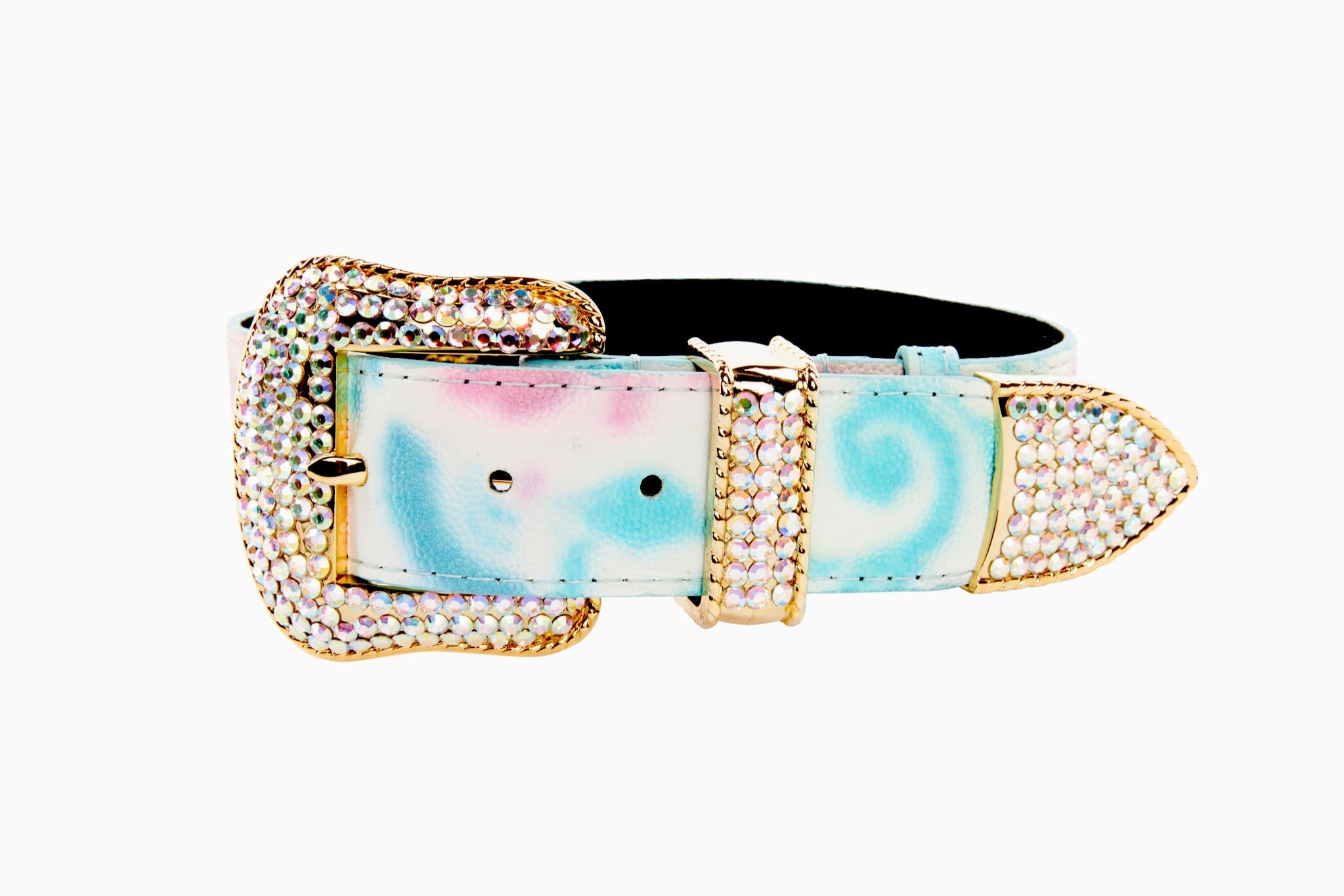 Abstract floral Italian leather dog collar with Swarovski crystal hardware laid out flat