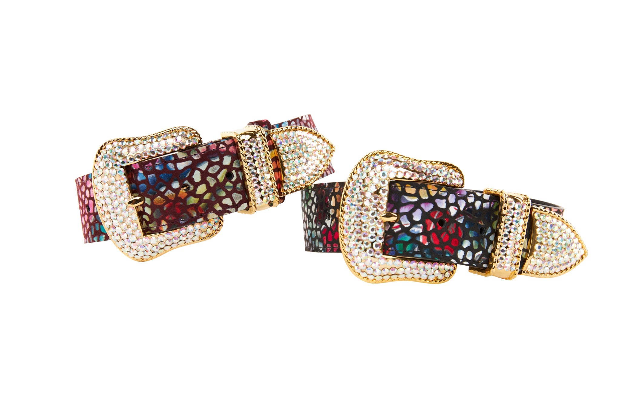 Luxury pet collars in burgundy and black floral mosaic Italian leather with silver Swarovski crystal hardware
