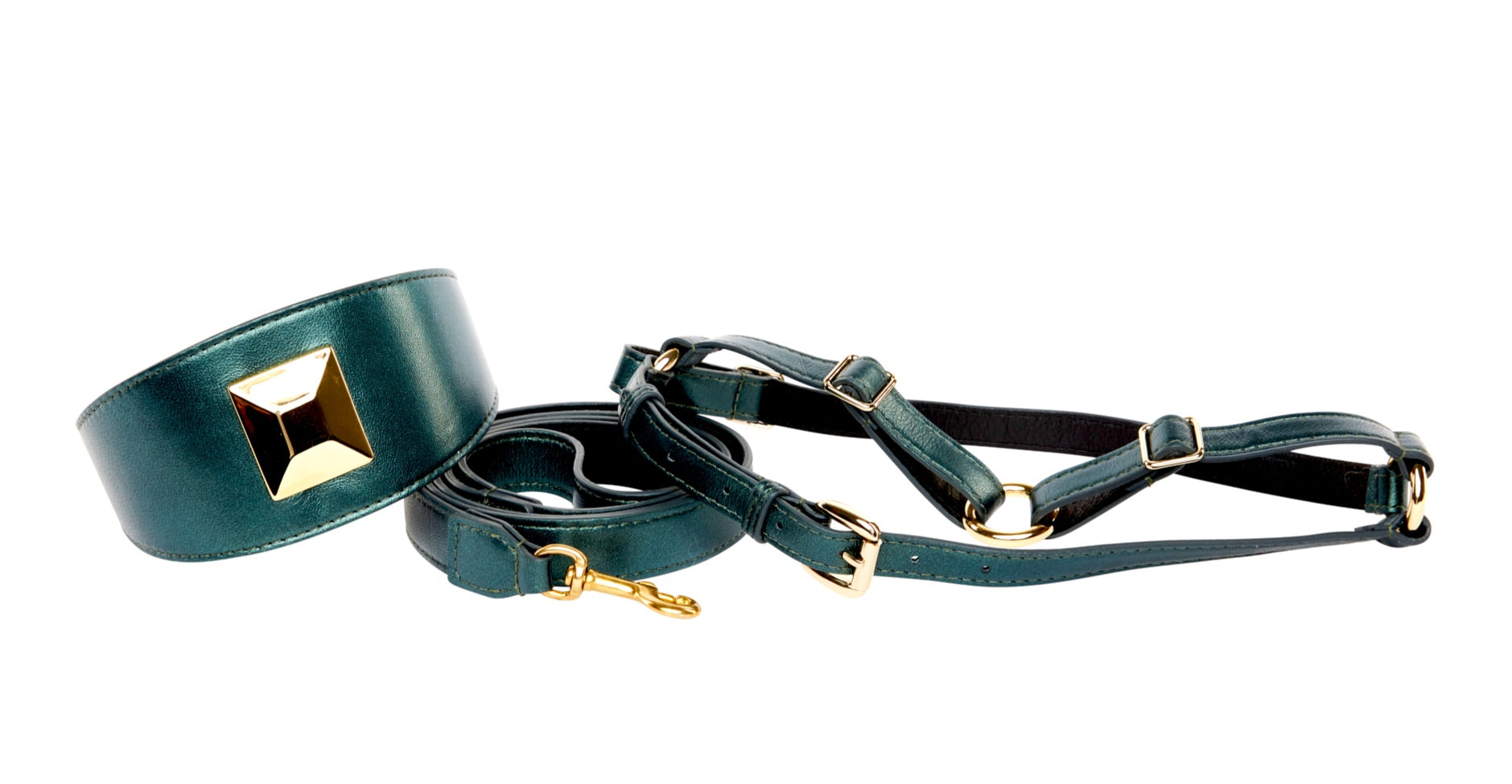 Pearl Green Italian Leather 3-inch wide collar with custom large gold rivet, leash, and harness set
