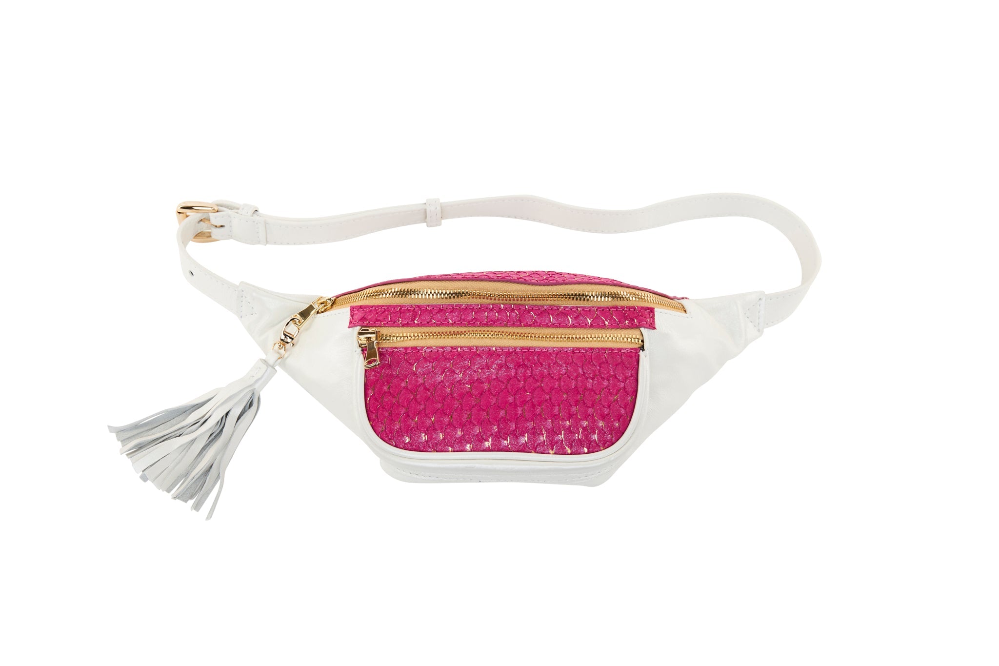 Pearl White Italian Leather/Fuchsia Pink Tilapia Fanny Pack by Allysa Payne Beverly Hills - product image 2 for Resin Society